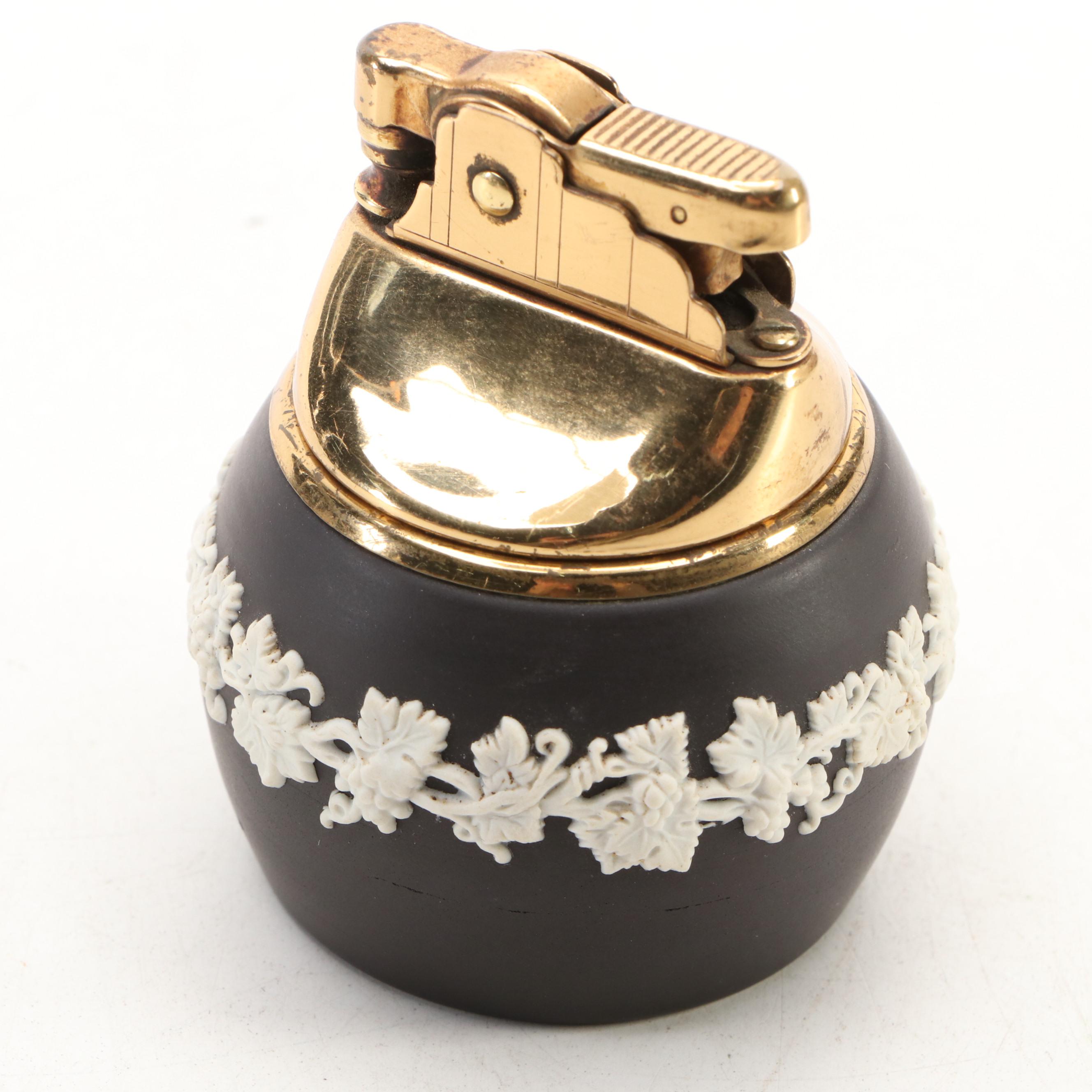 Wedgwood Black Jasperware Clock, Lighter and Framed Medallion