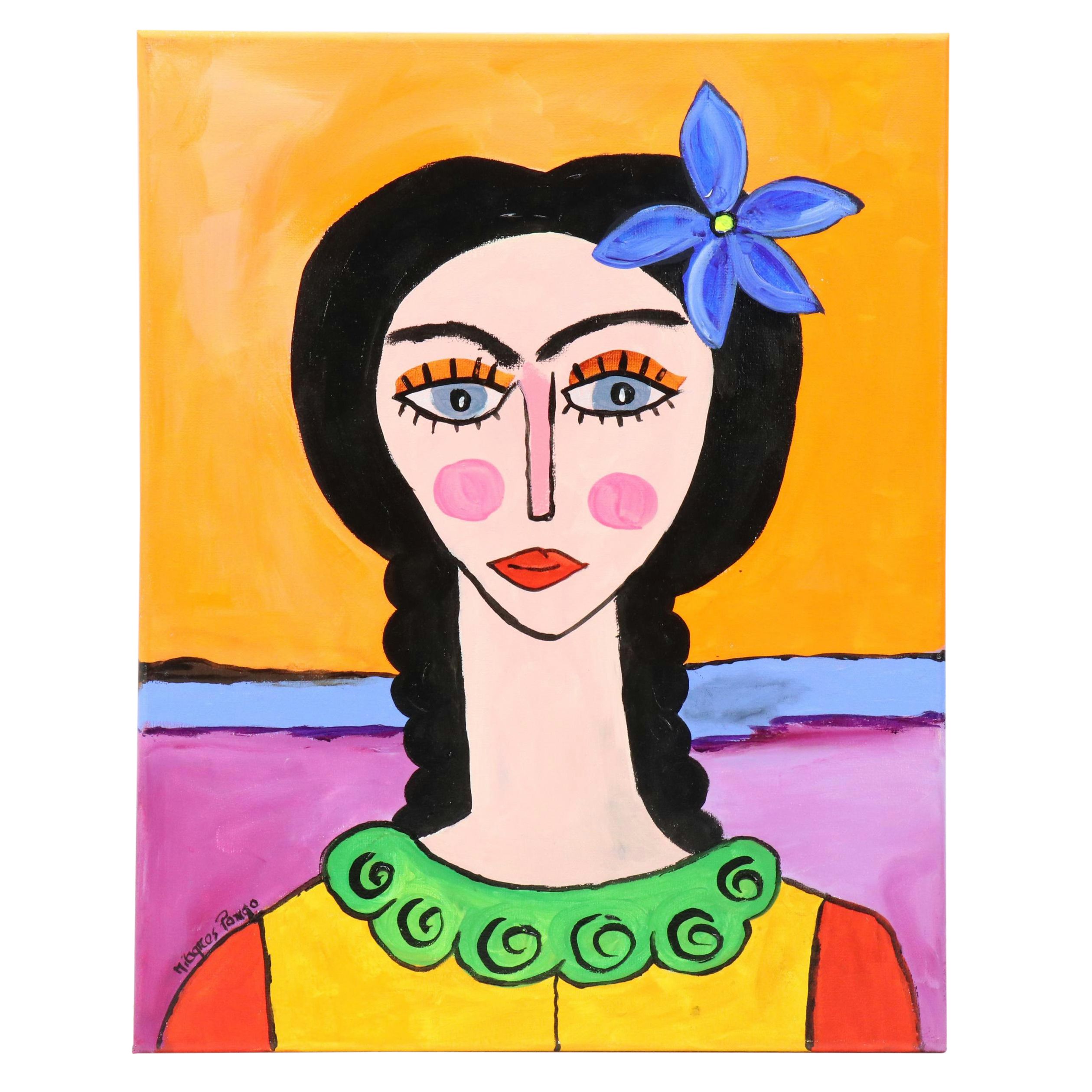 Milagros Pongo Stylized Mixed Media Portrait of Frida Kahlo "Matilde"