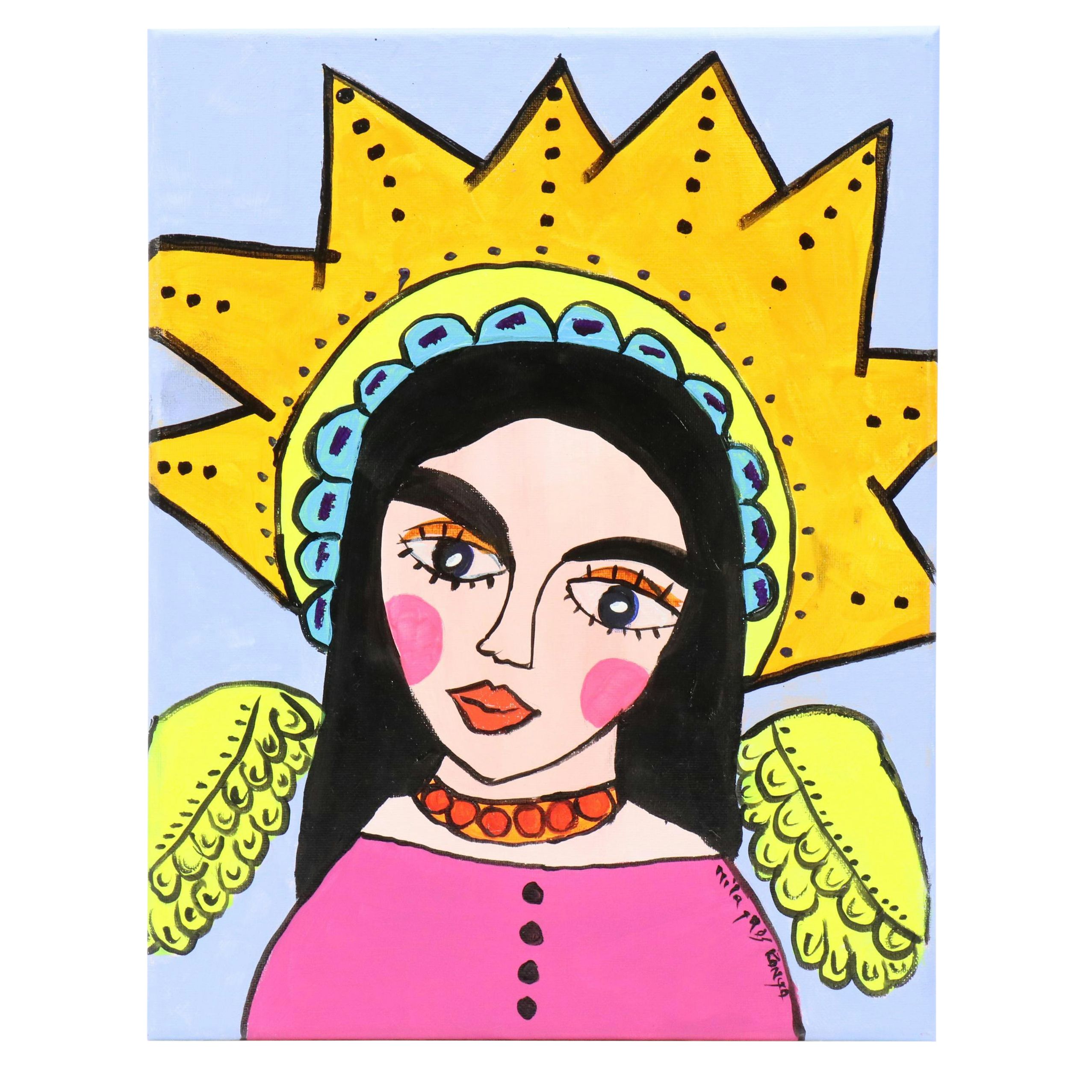 Milagros Pongo Stylized Mixed Media Portrait "Angel," 21st Century