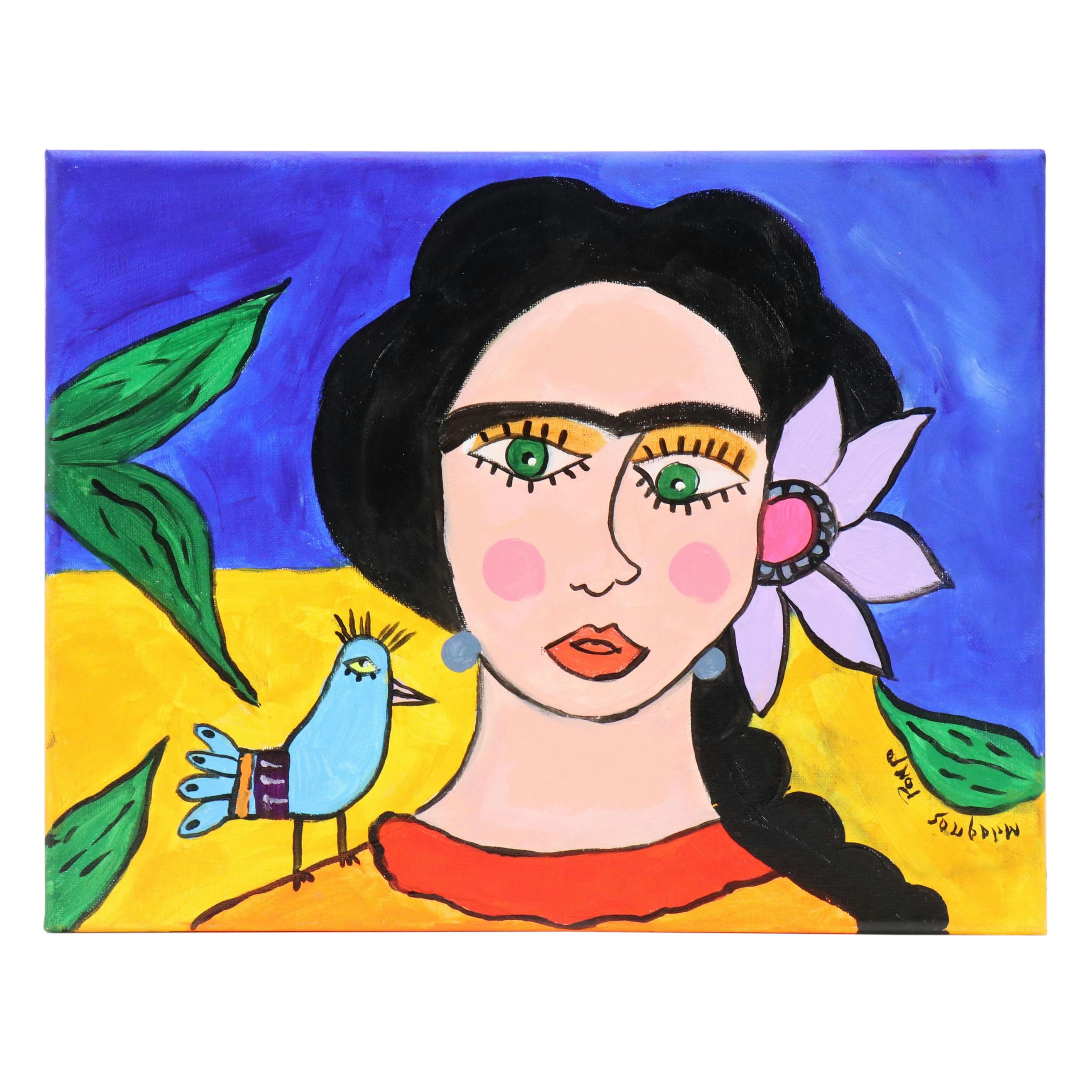 Milagros Pongo Stylized Mixed Media Portrait of Frida Kahlo "Oaxaca Lady"