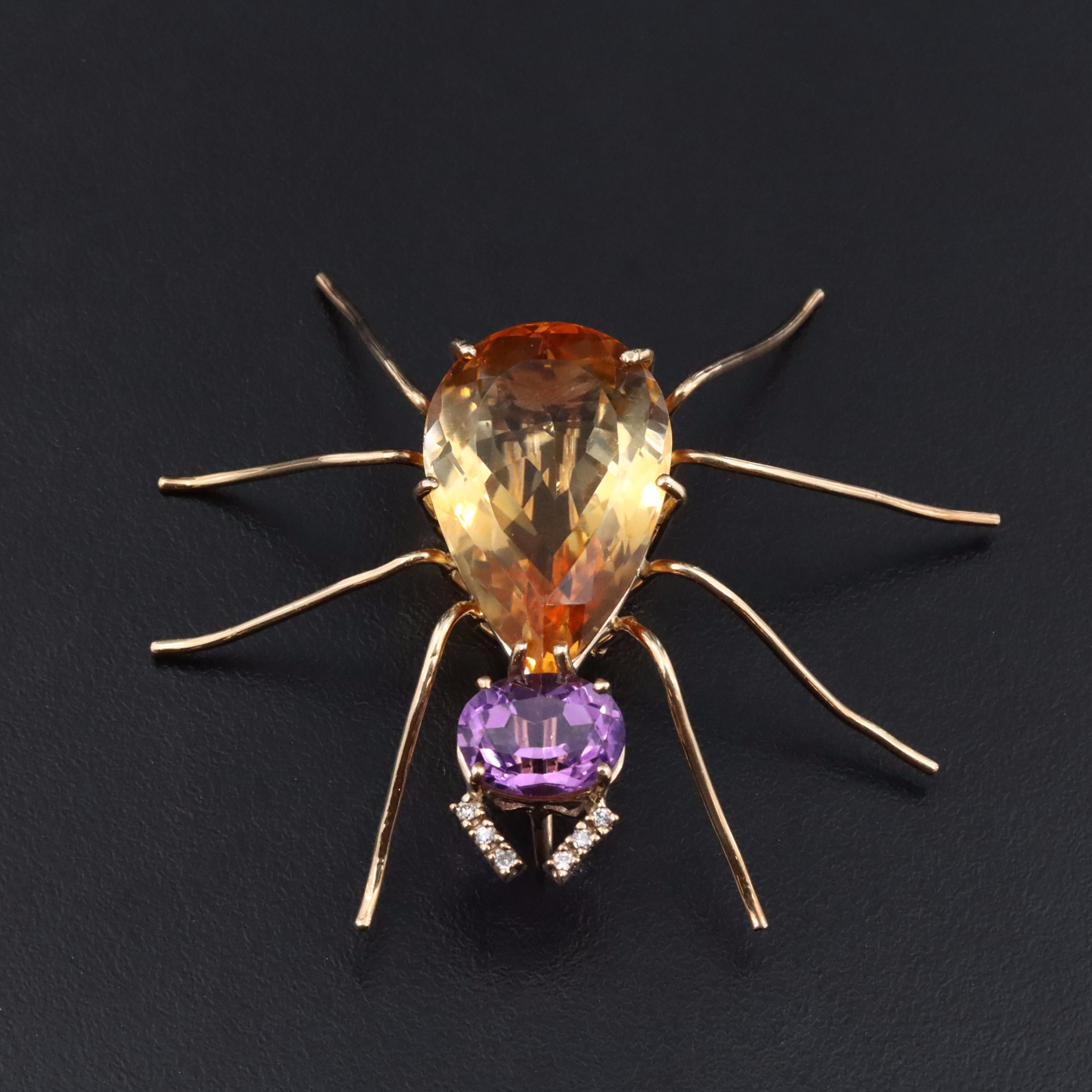 14K 20.03 CT Citrine, Amethyst, and Diamond Spider Pendant Brooch