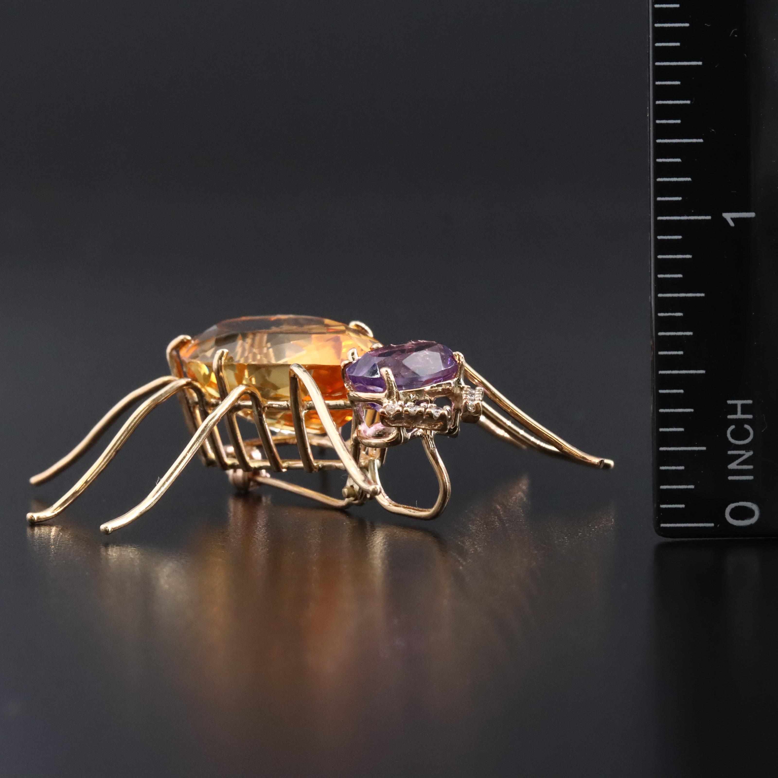 14K 20.03 CT Citrine, Amethyst, and Diamond Spider Pendant Brooch
