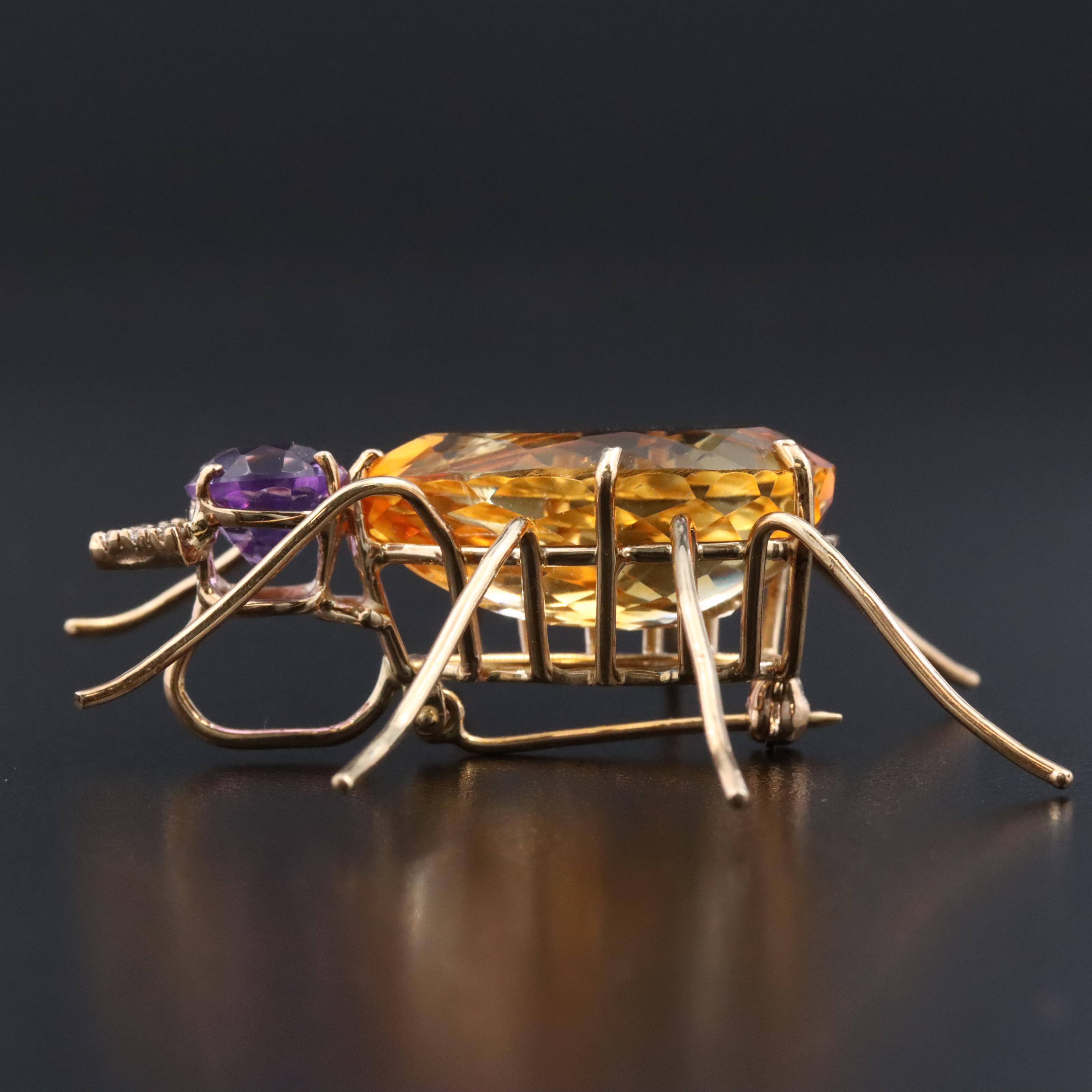 14K 20.03 CT Citrine, Amethyst, and Diamond Spider Pendant Brooch