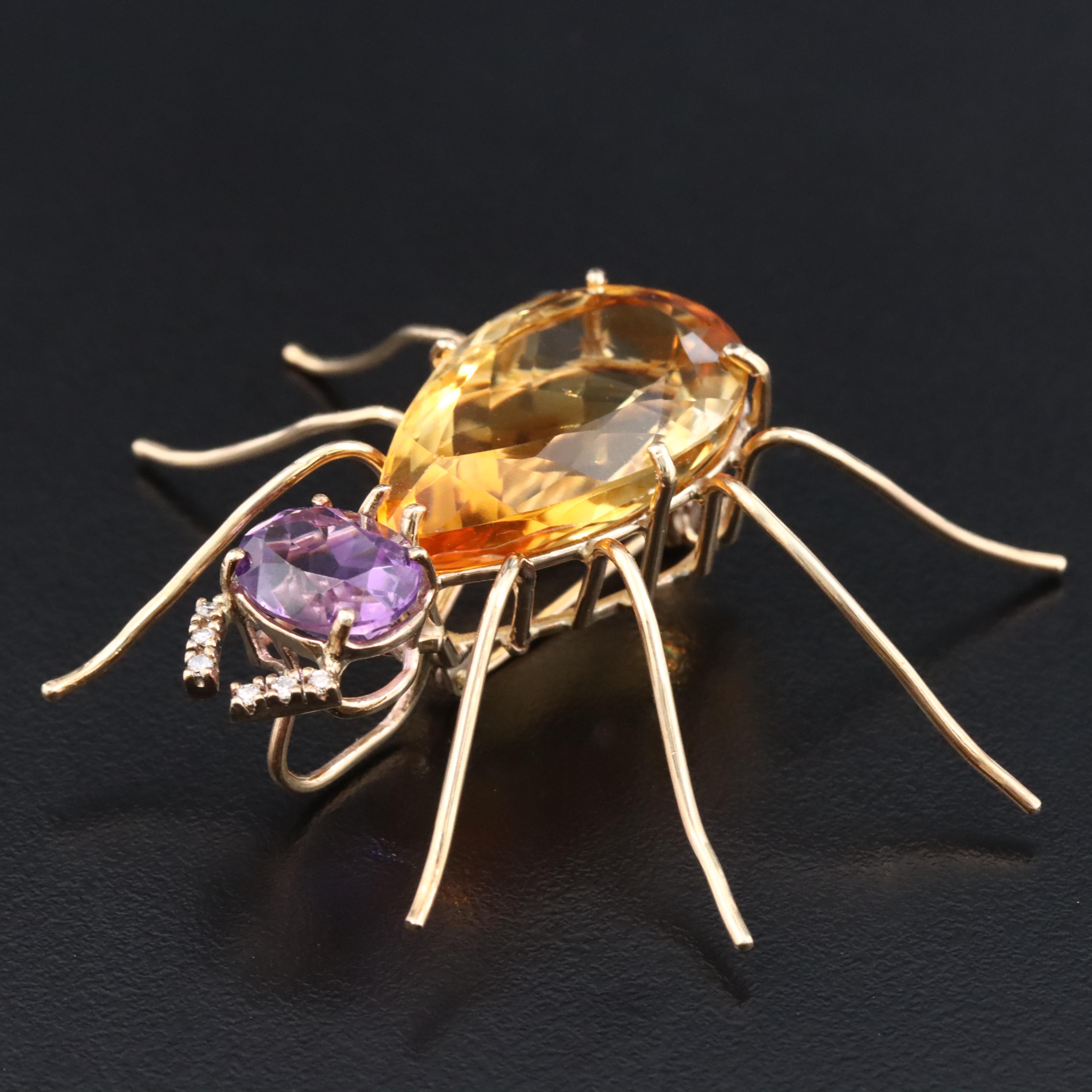 14K 20.03 CT Citrine, Amethyst, and Diamond Spider Pendant Brooch