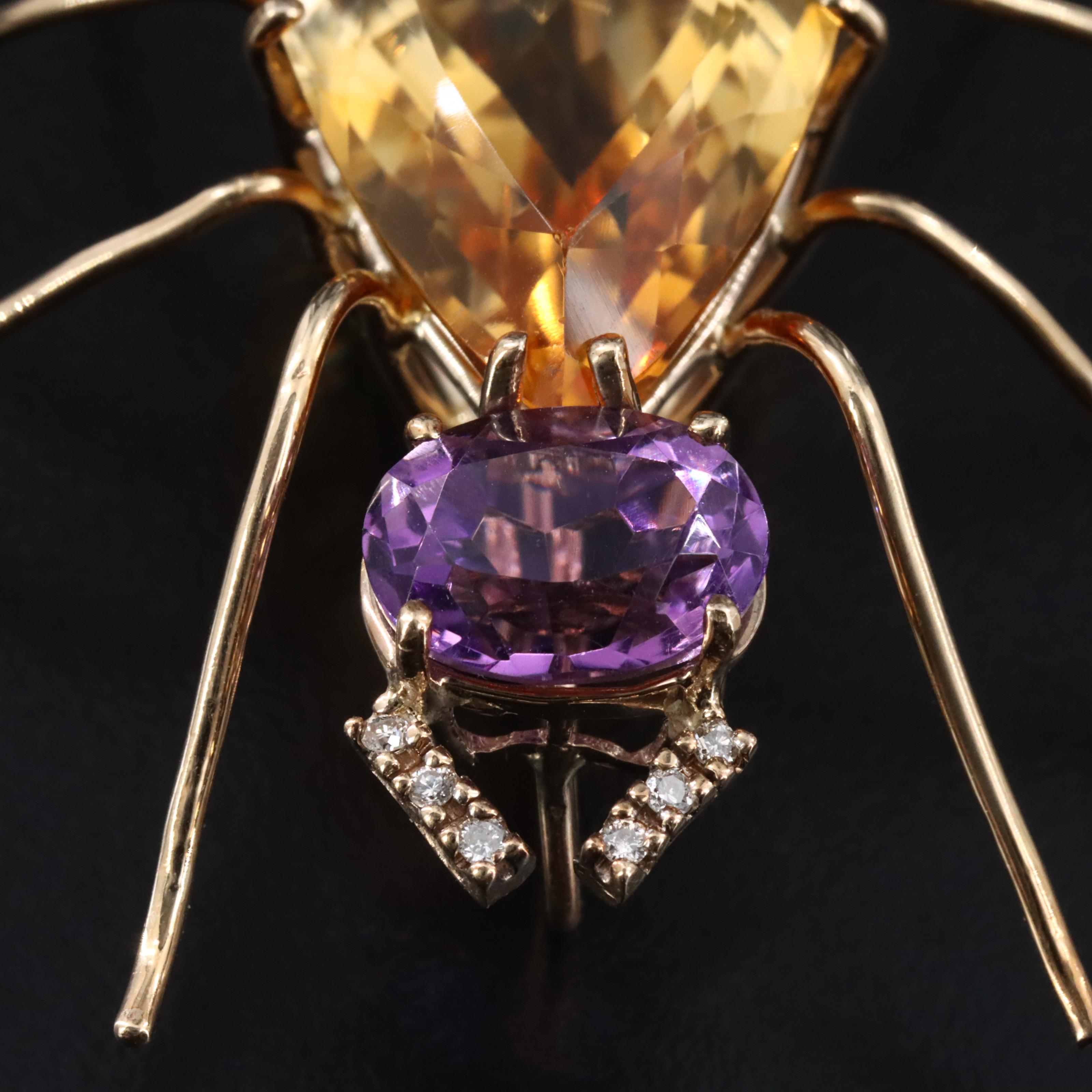 14K 20.03 CT Citrine, Amethyst, and Diamond Spider Pendant Brooch