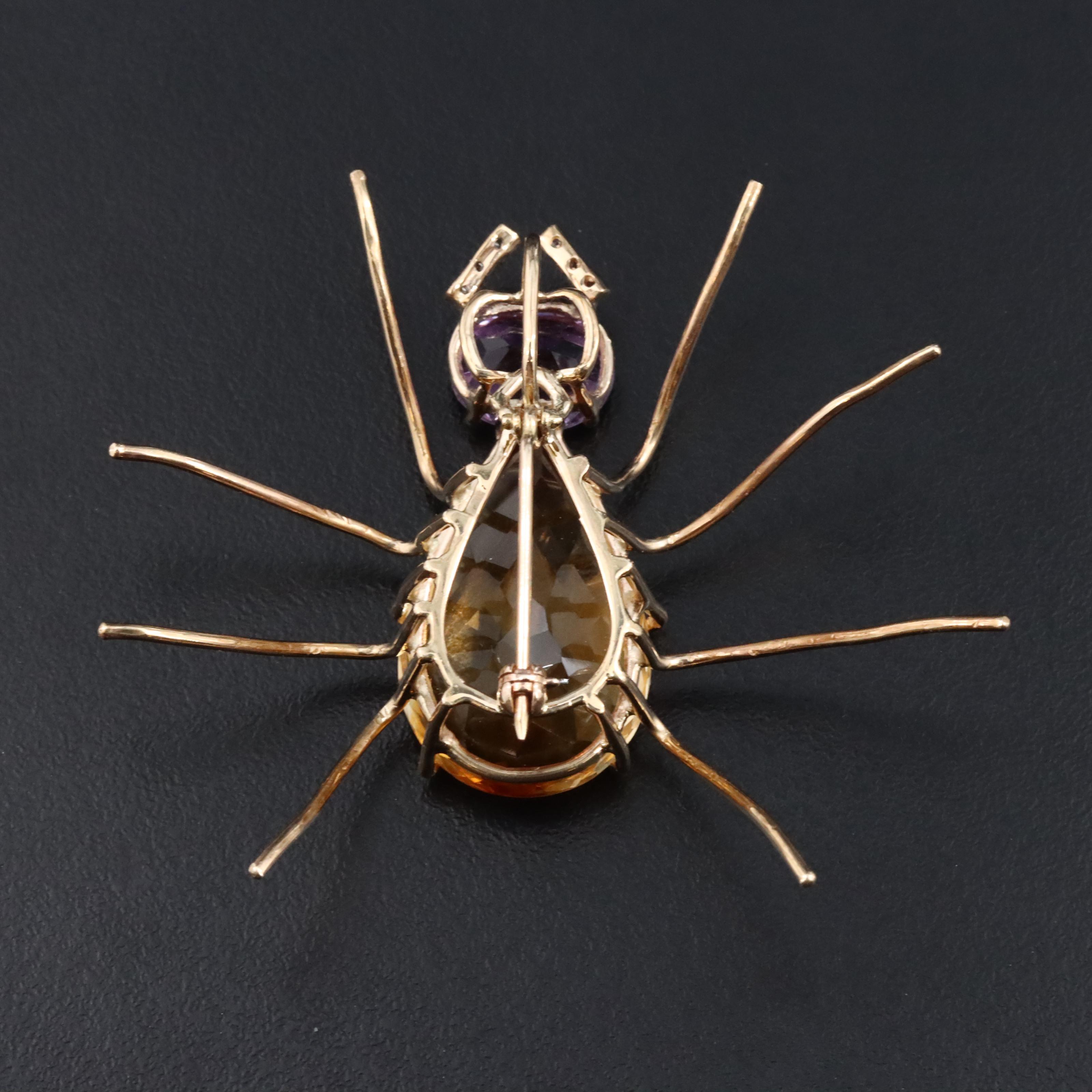 14K 20.03 CT Citrine, Amethyst, and Diamond Spider Pendant Brooch