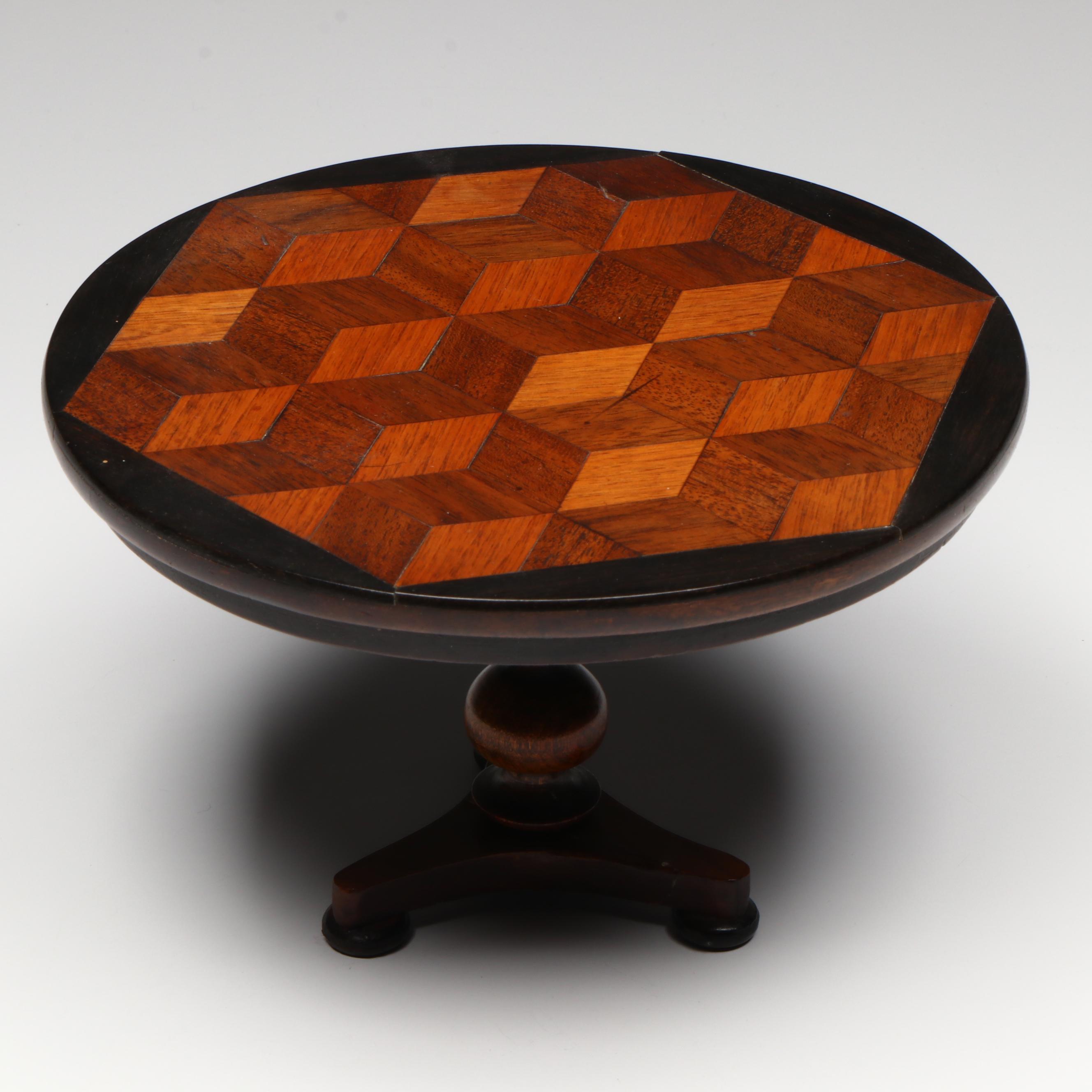 Diminutive Regency Style Parquetry Wood Table with Footed Base