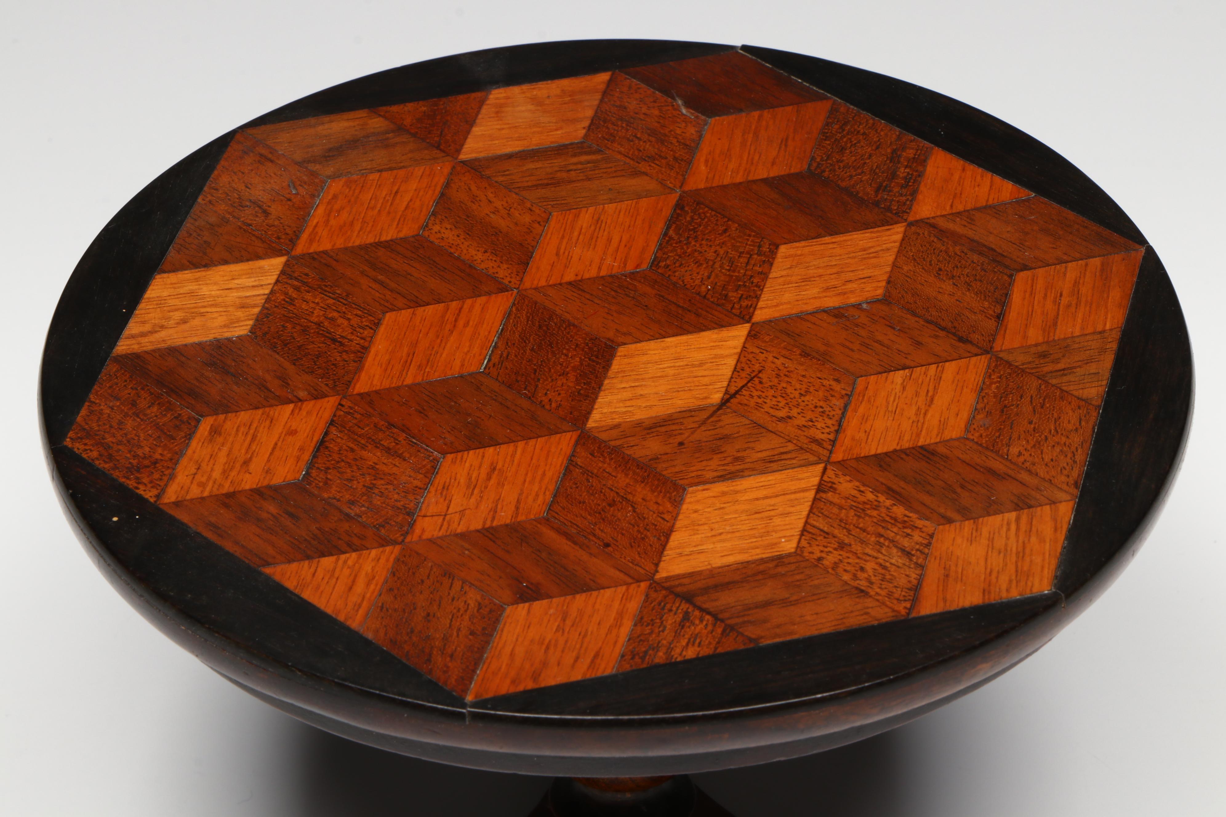 Diminutive Regency Style Parquetry Wood Table with Footed Base