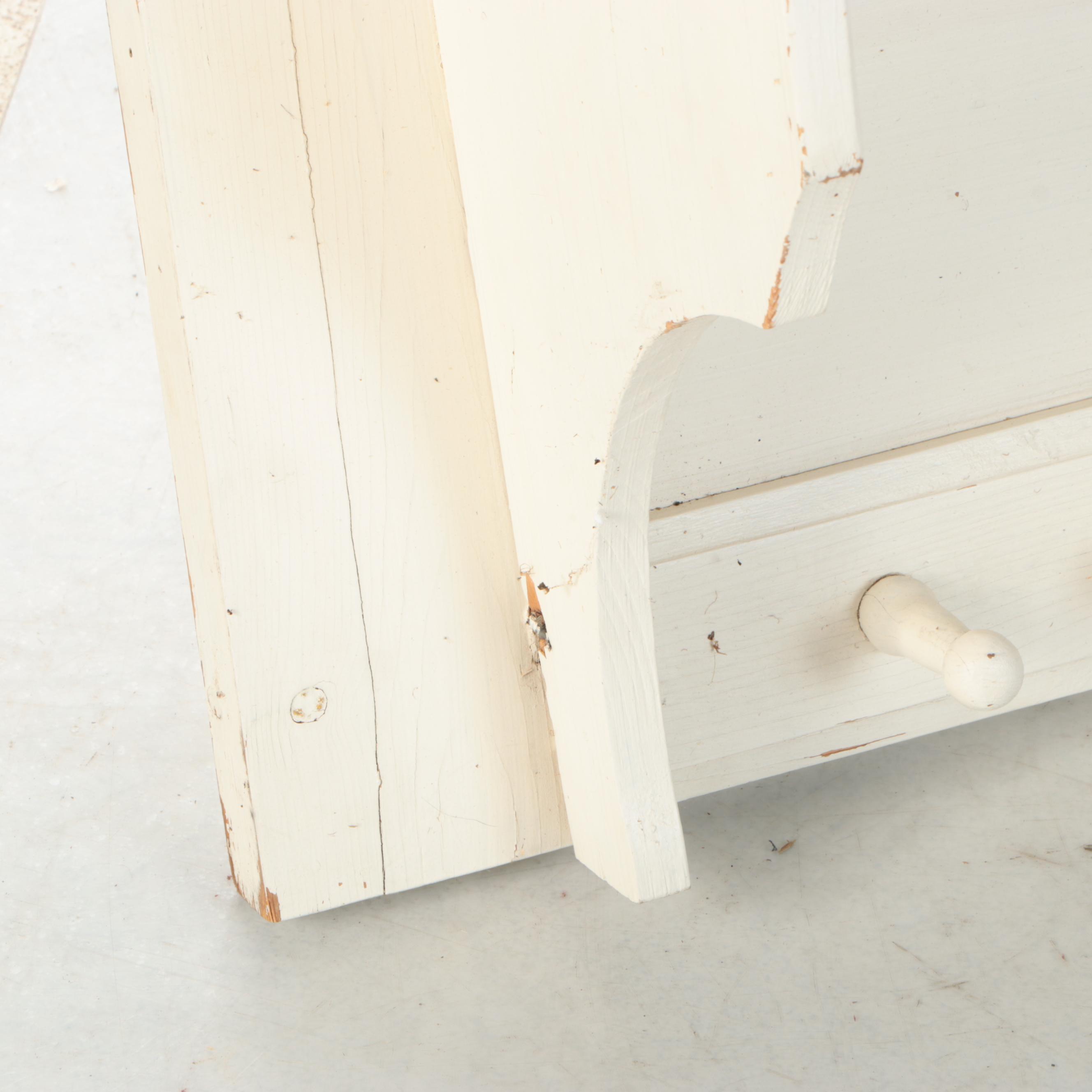 Primitive Style Painted Wood Wall Mounted Coat Rack and Shelf, 20th Century