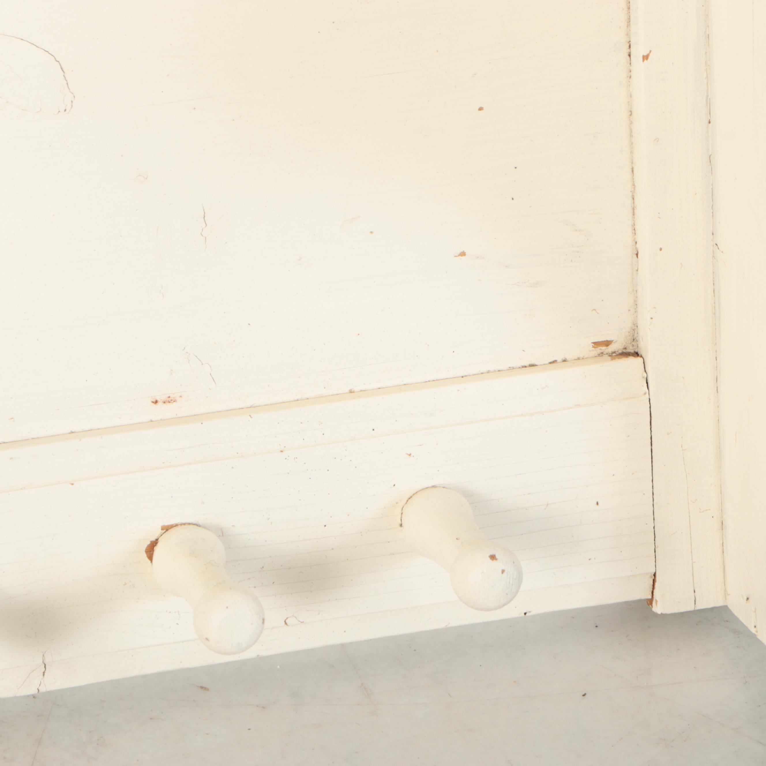 Primitive Style Painted Wood Wall Mounted Coat Rack and Shelf, 20th Century