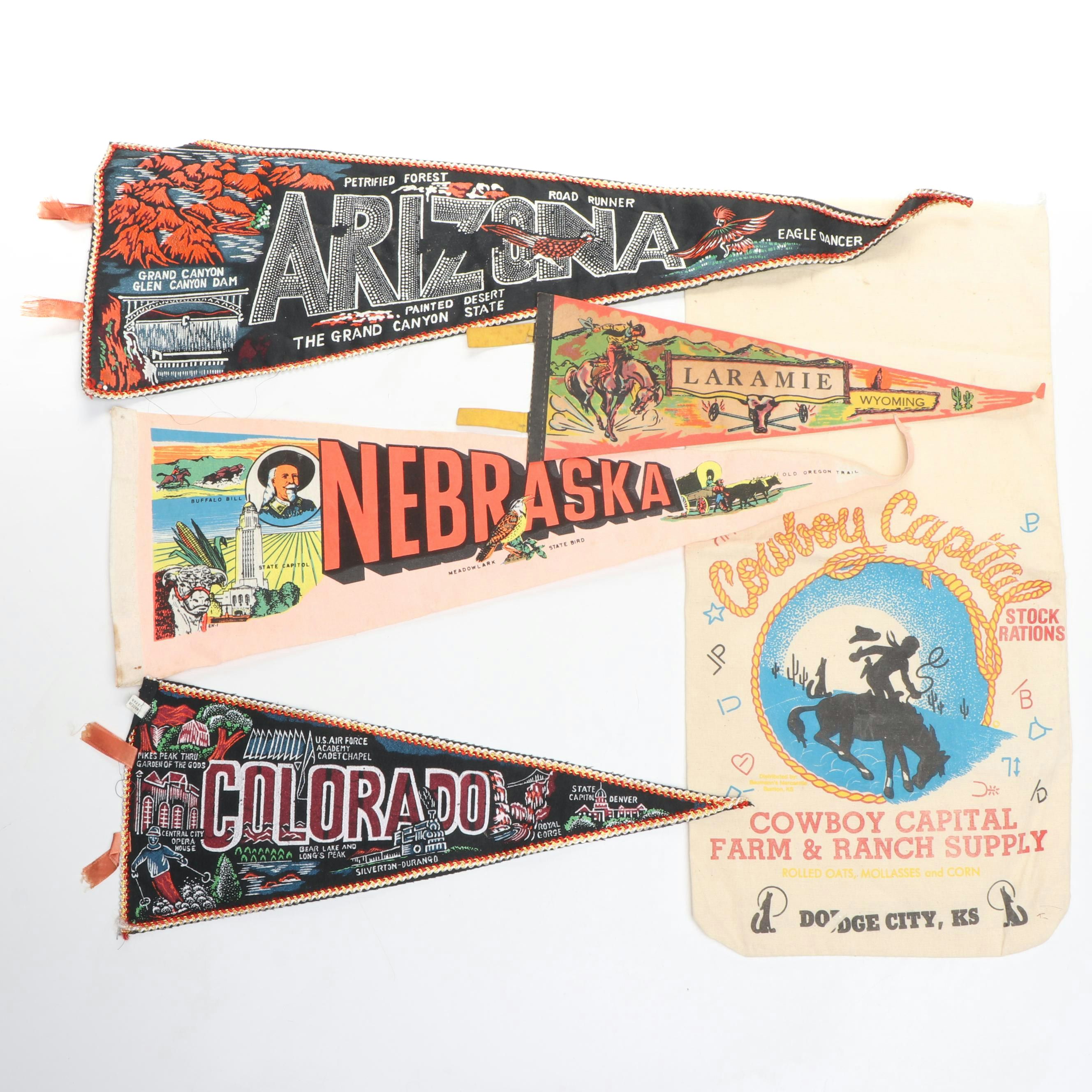 Nebraska, Arizona, and Other State Pennants with Cowboy Capital Feed Bag