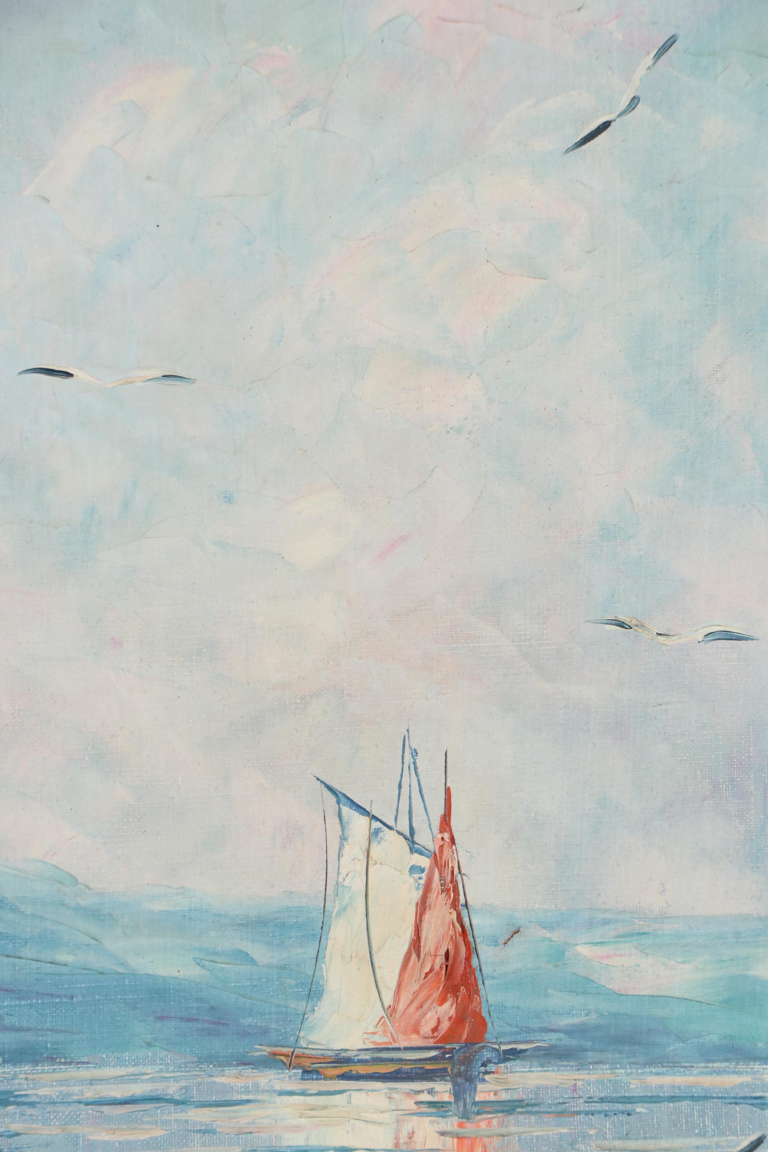 Tulio Maritime Impasto Oil Painting of Boats and Seagulls, Mid to Late 20th C.