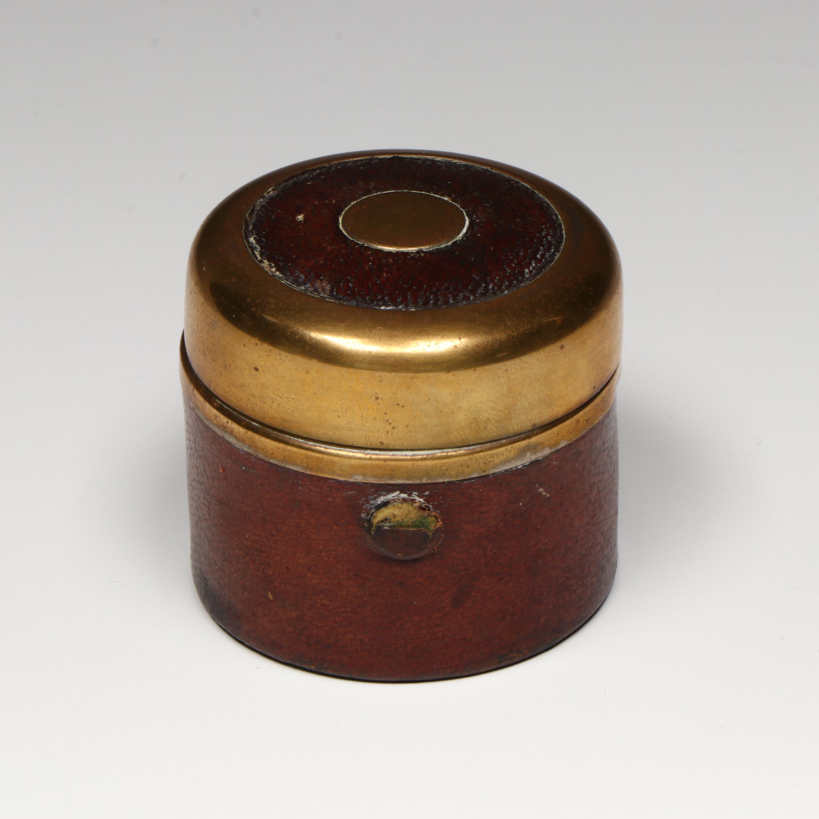 German Leather and Brass Travel Inkwell with Armorial Engraving