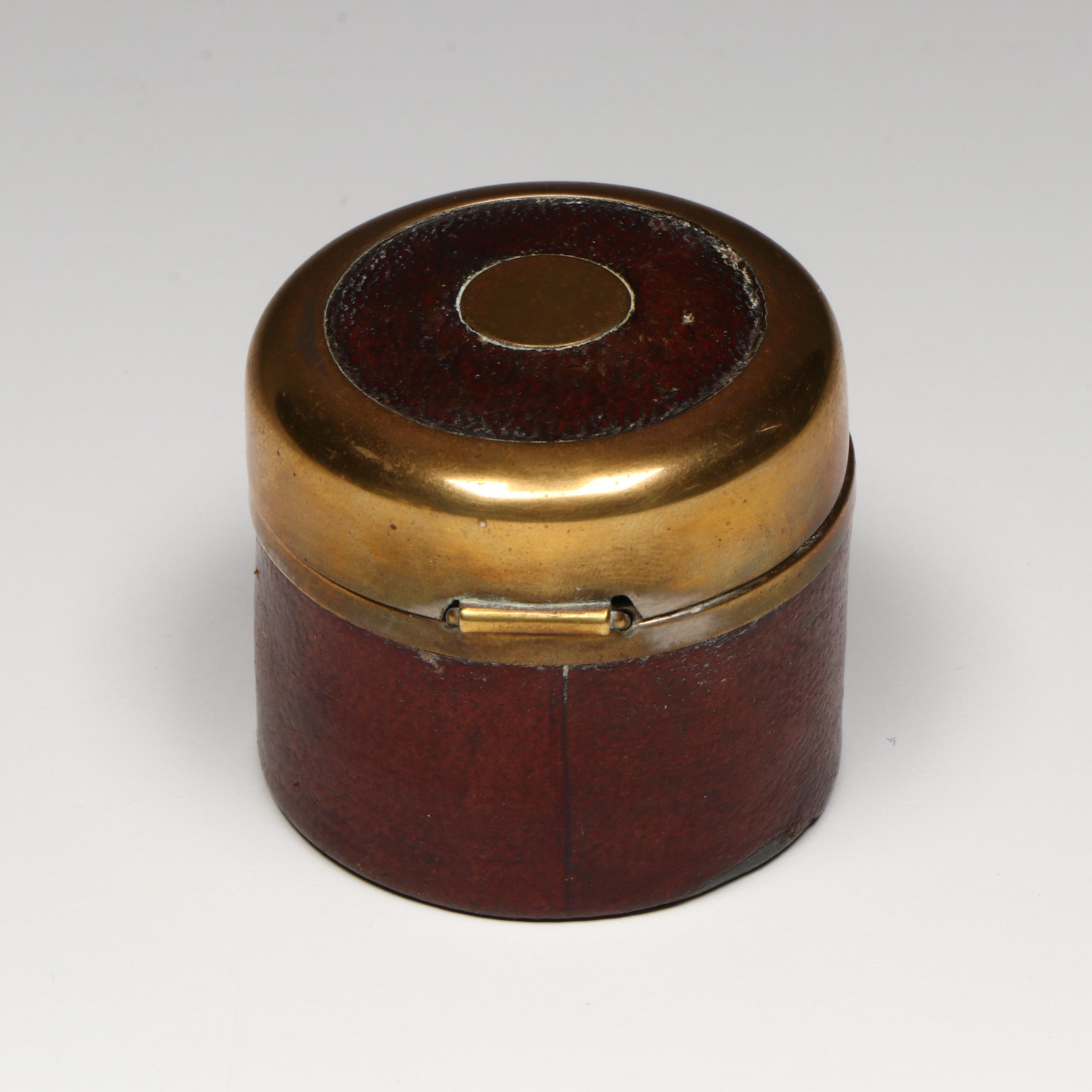 German Leather and Brass Travel Inkwell with Armorial Engraving