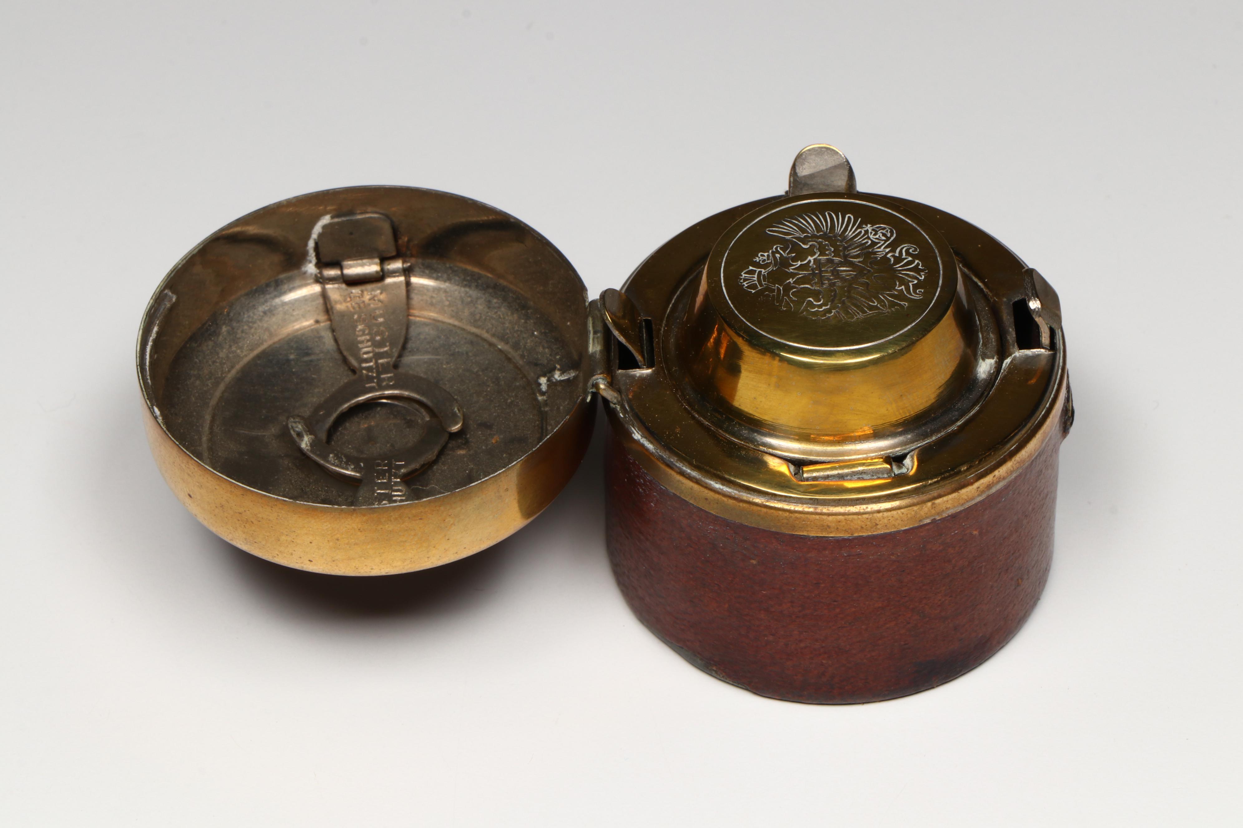 German Leather and Brass Travel Inkwell with Armorial Engraving