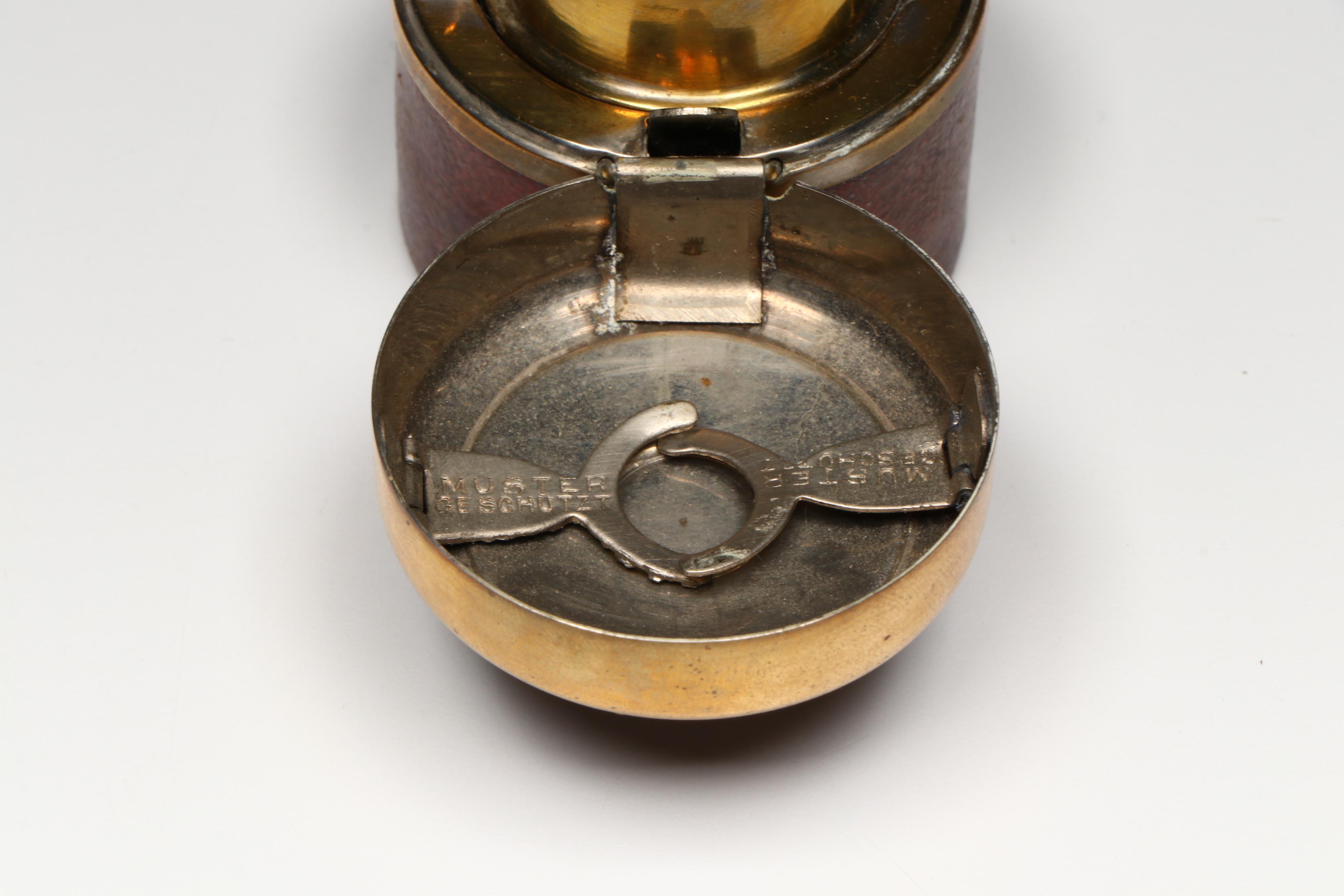 German Leather and Brass Travel Inkwell with Armorial Engraving