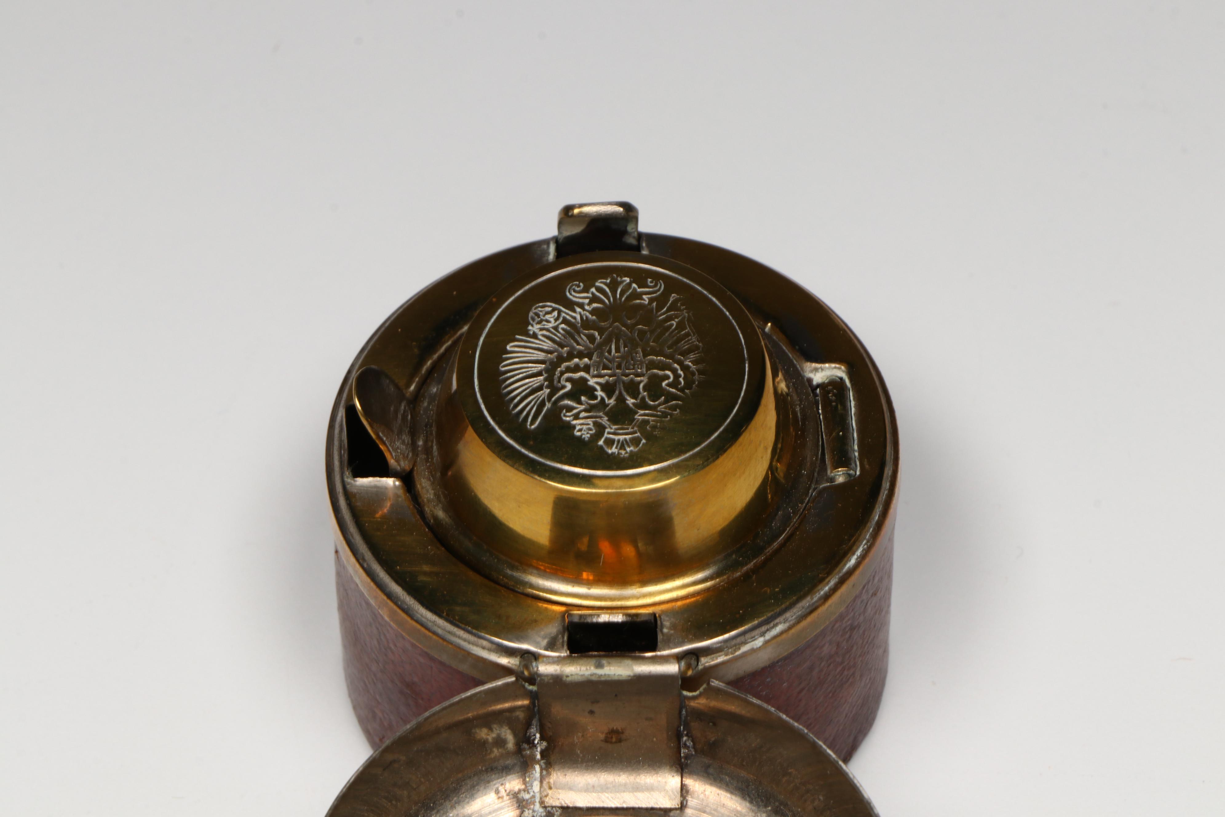 German Leather and Brass Travel Inkwell with Armorial Engraving
