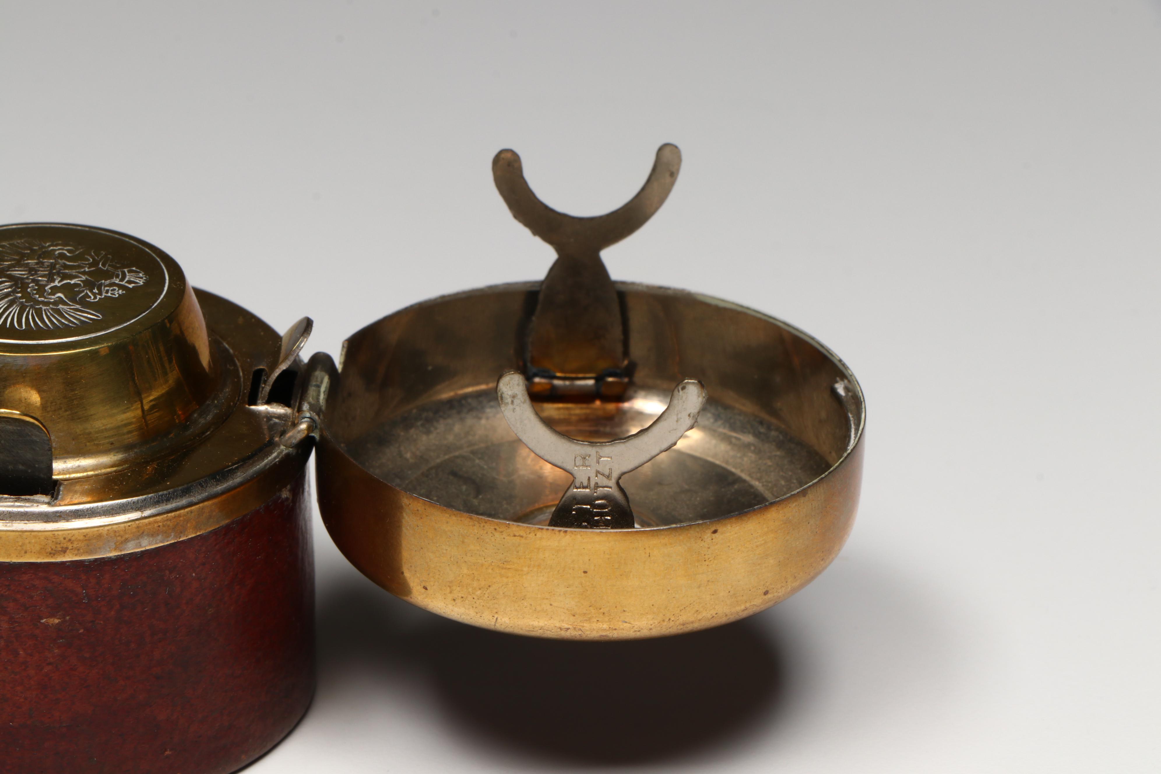 German Leather and Brass Travel Inkwell with Armorial Engraving