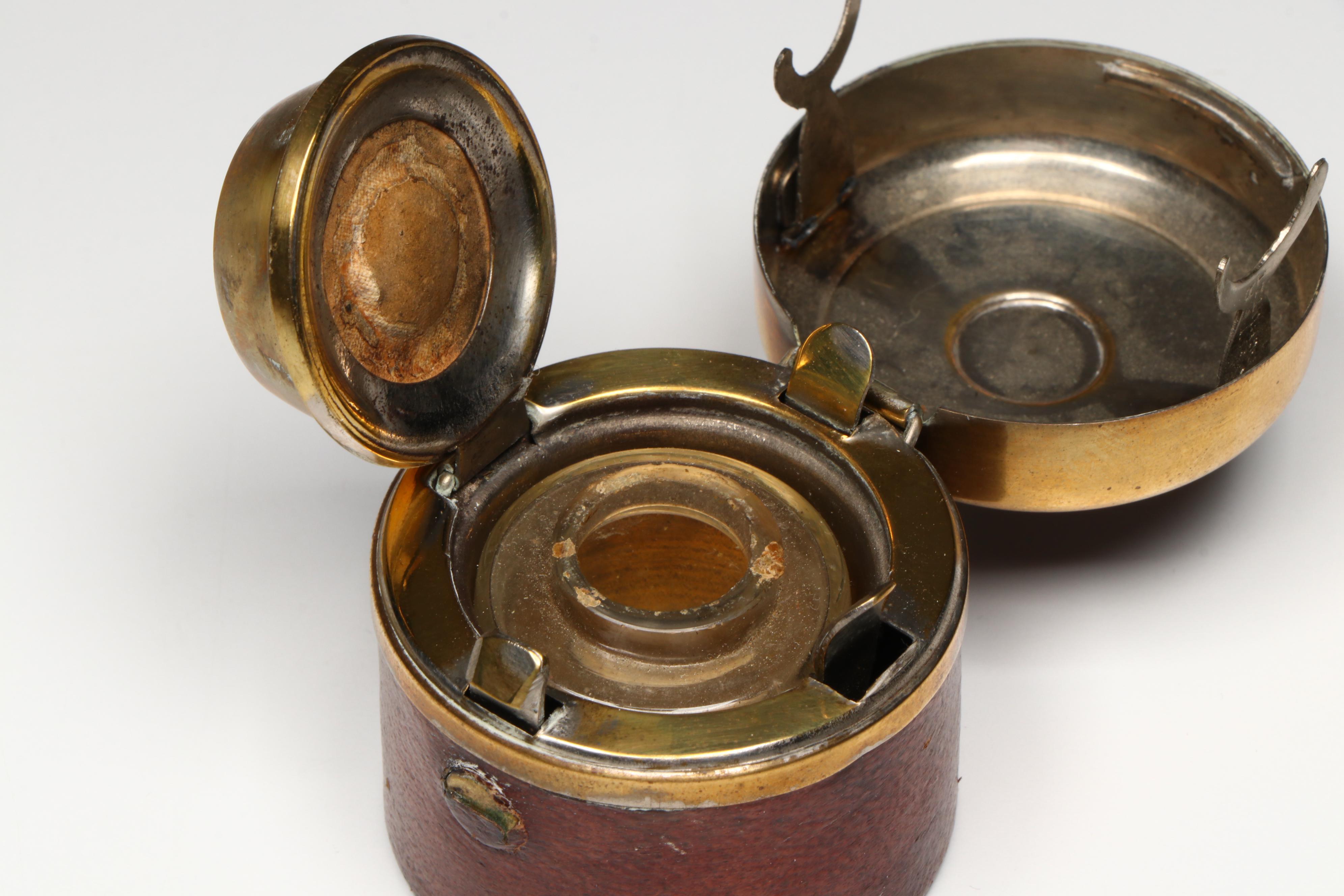 German Leather and Brass Travel Inkwell with Armorial Engraving