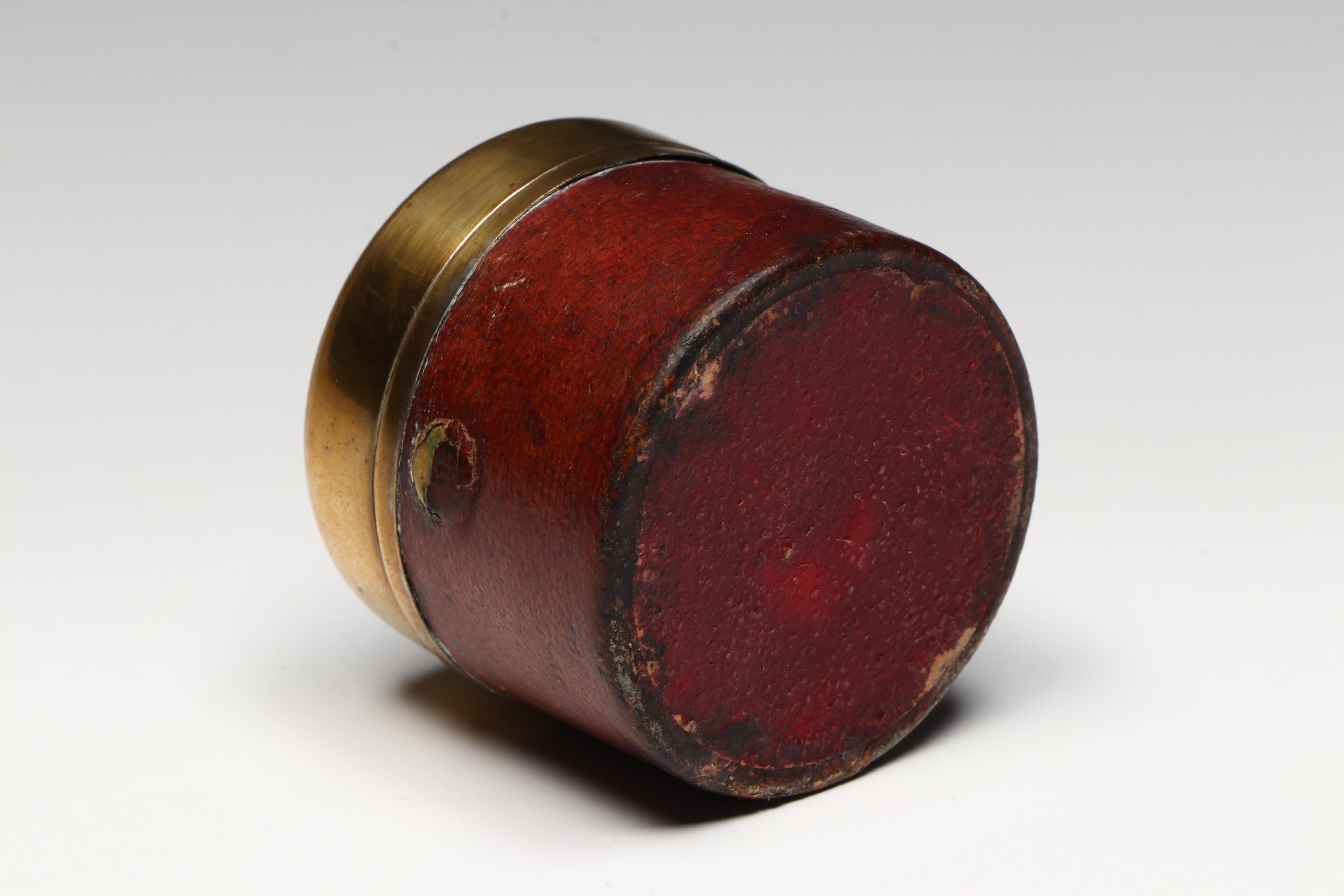 German Leather and Brass Travel Inkwell with Armorial Engraving