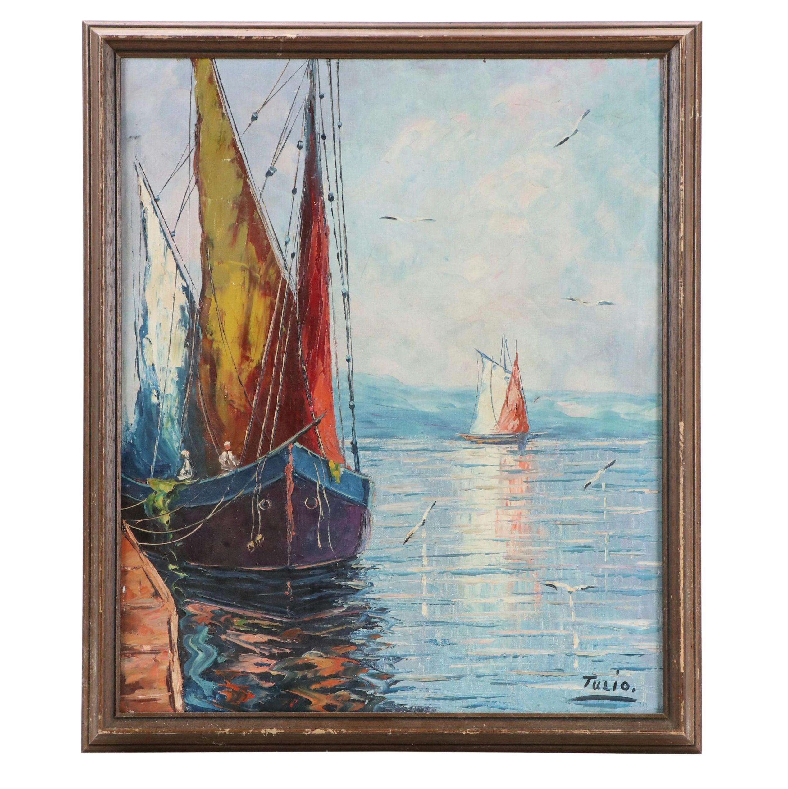 Tulio Maritime Impasto Oil Painting of Boats and Seagulls, Mid to Late 20th C.