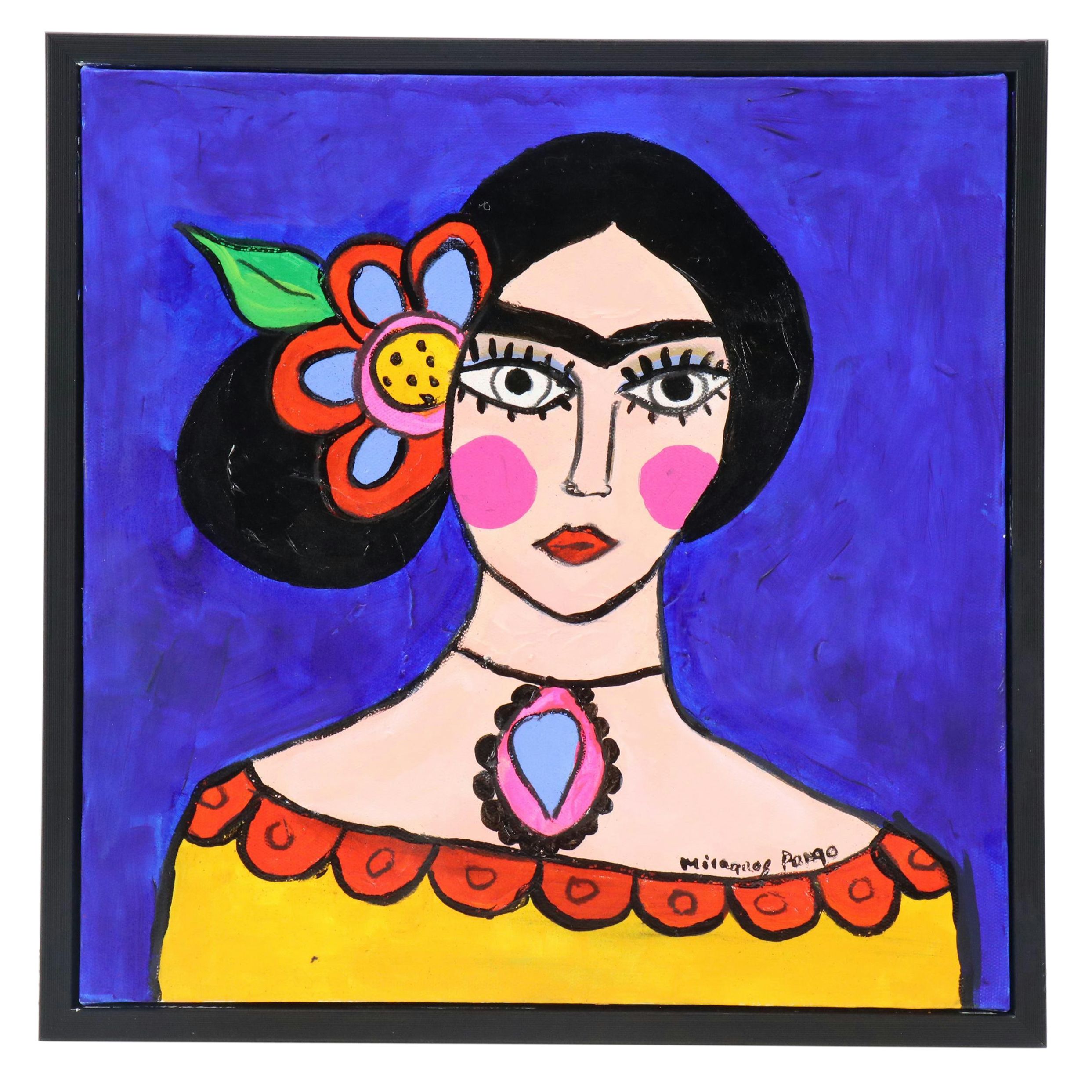 Milagros Pongo Stylized Mixed Media Portrait of Frida Kahlo "Frida (Collection)"