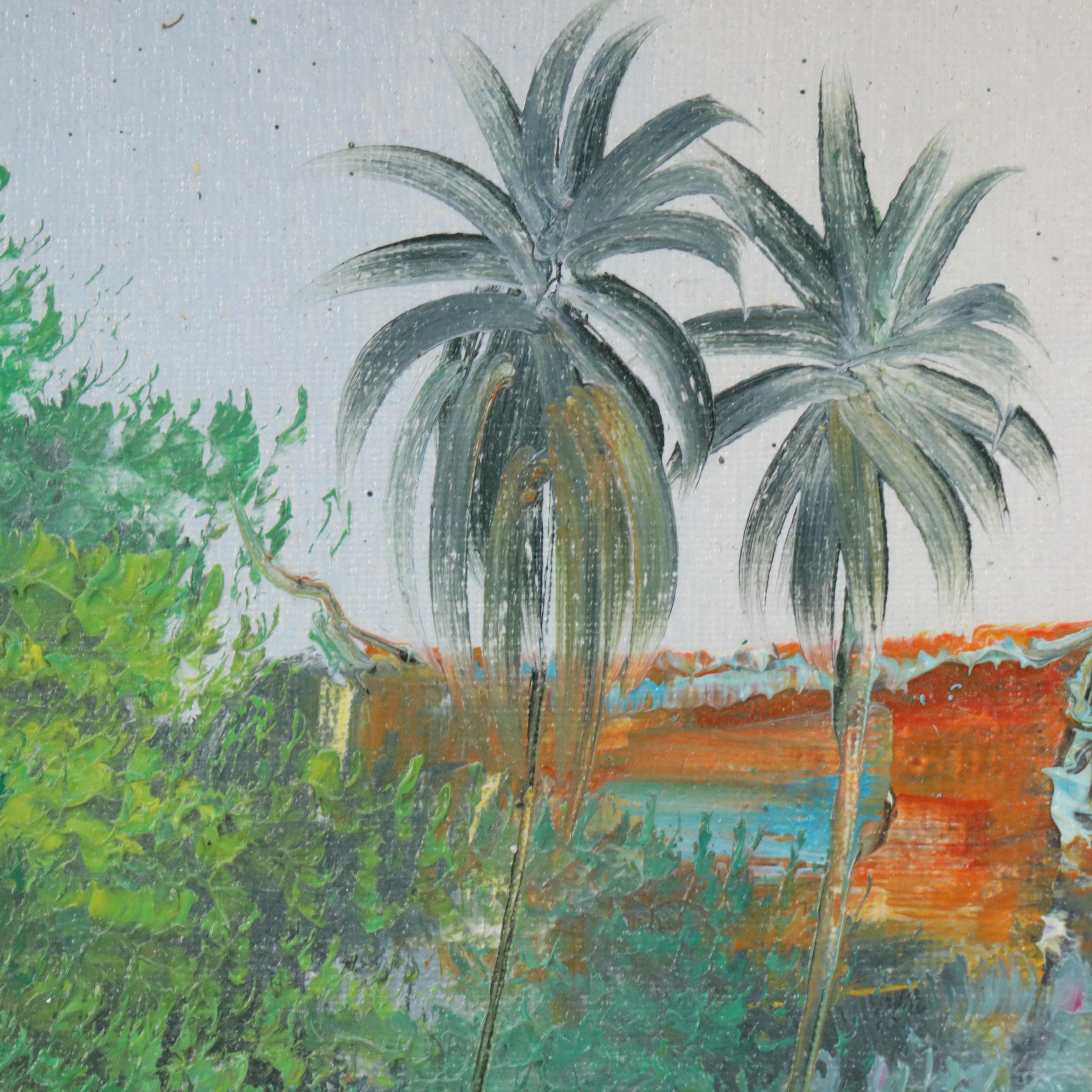 Thai Market Scene Oil Painting, Circa 1970