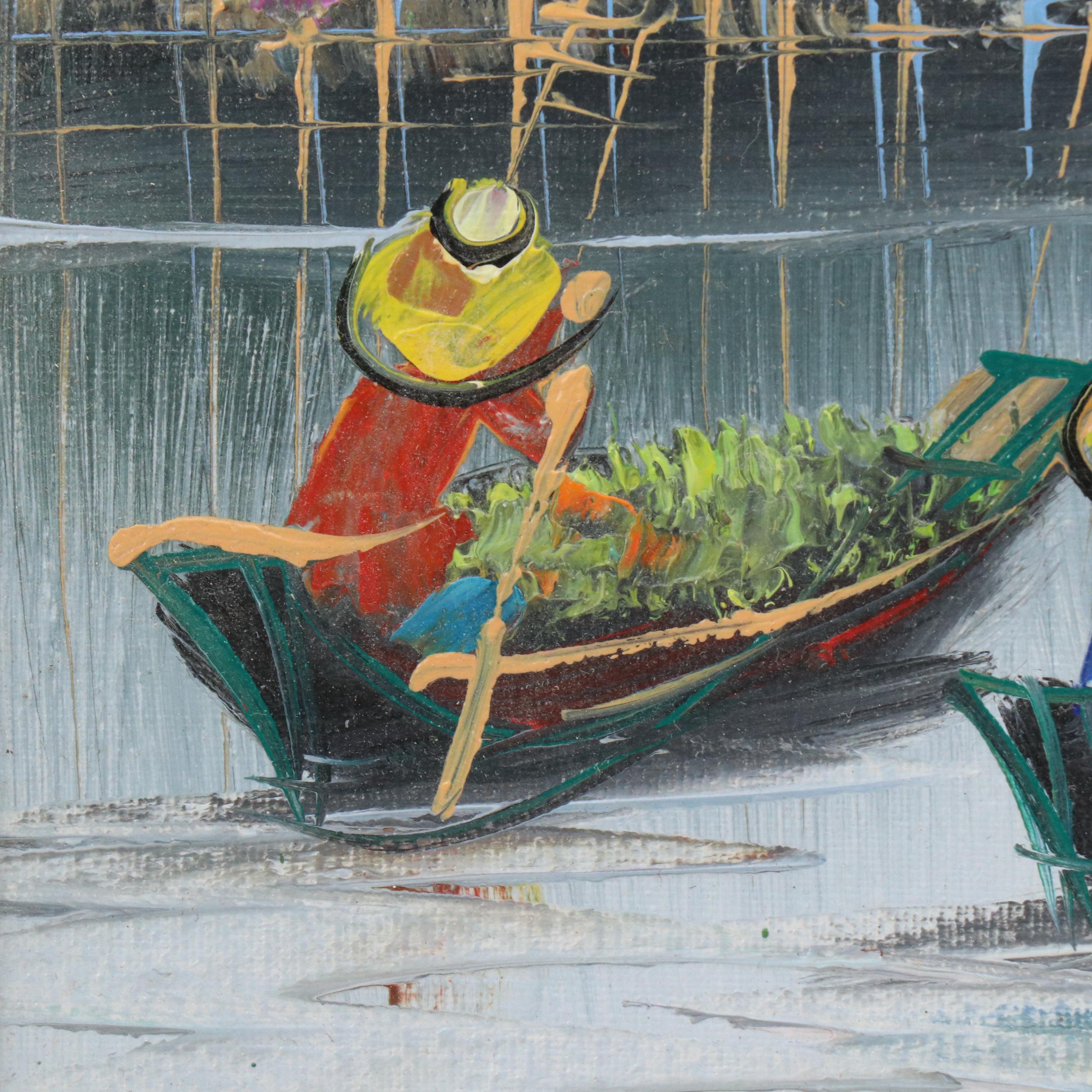 Thai Market Scene Oil Painting, Circa 1970