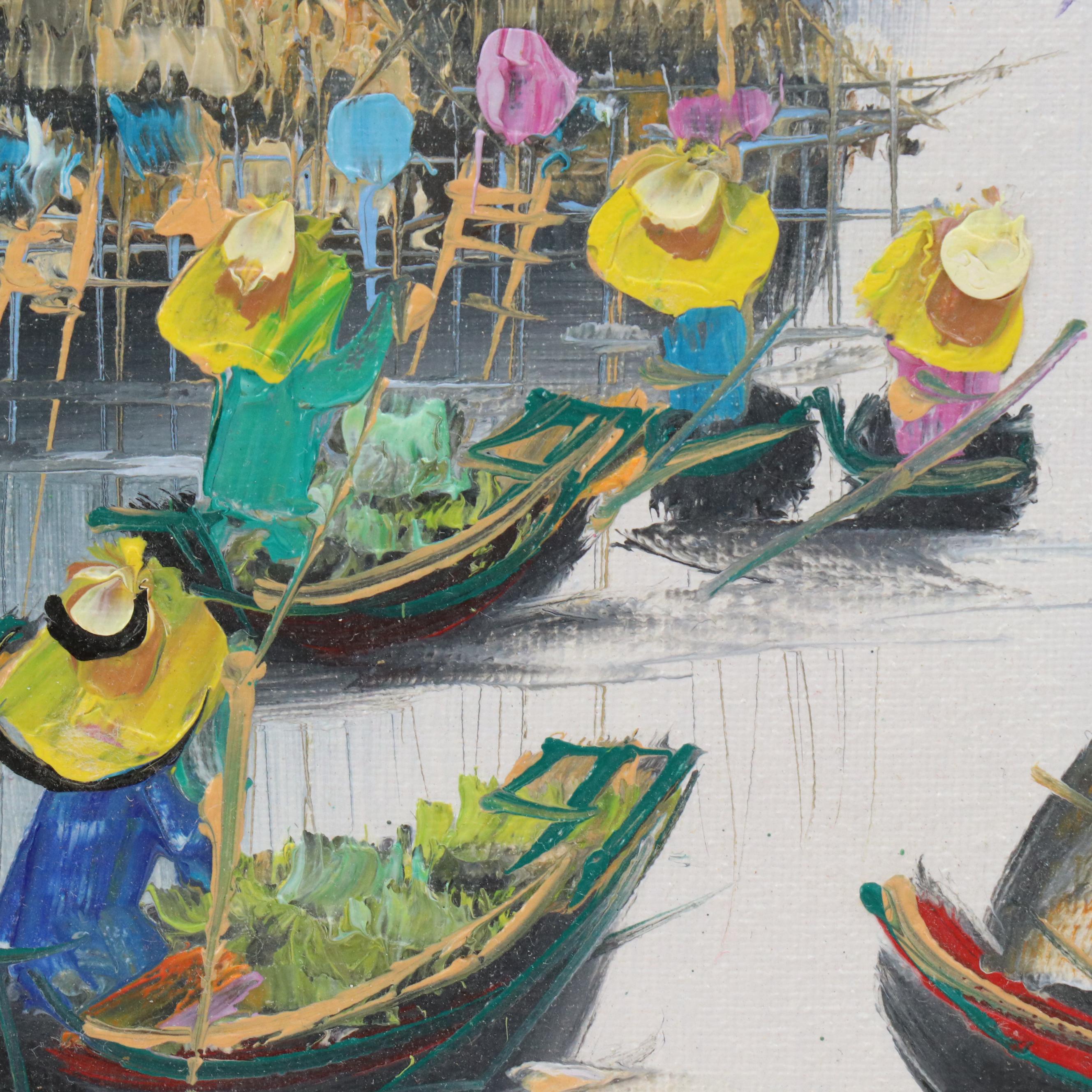 Thai Market Scene Oil Painting, Circa 1970