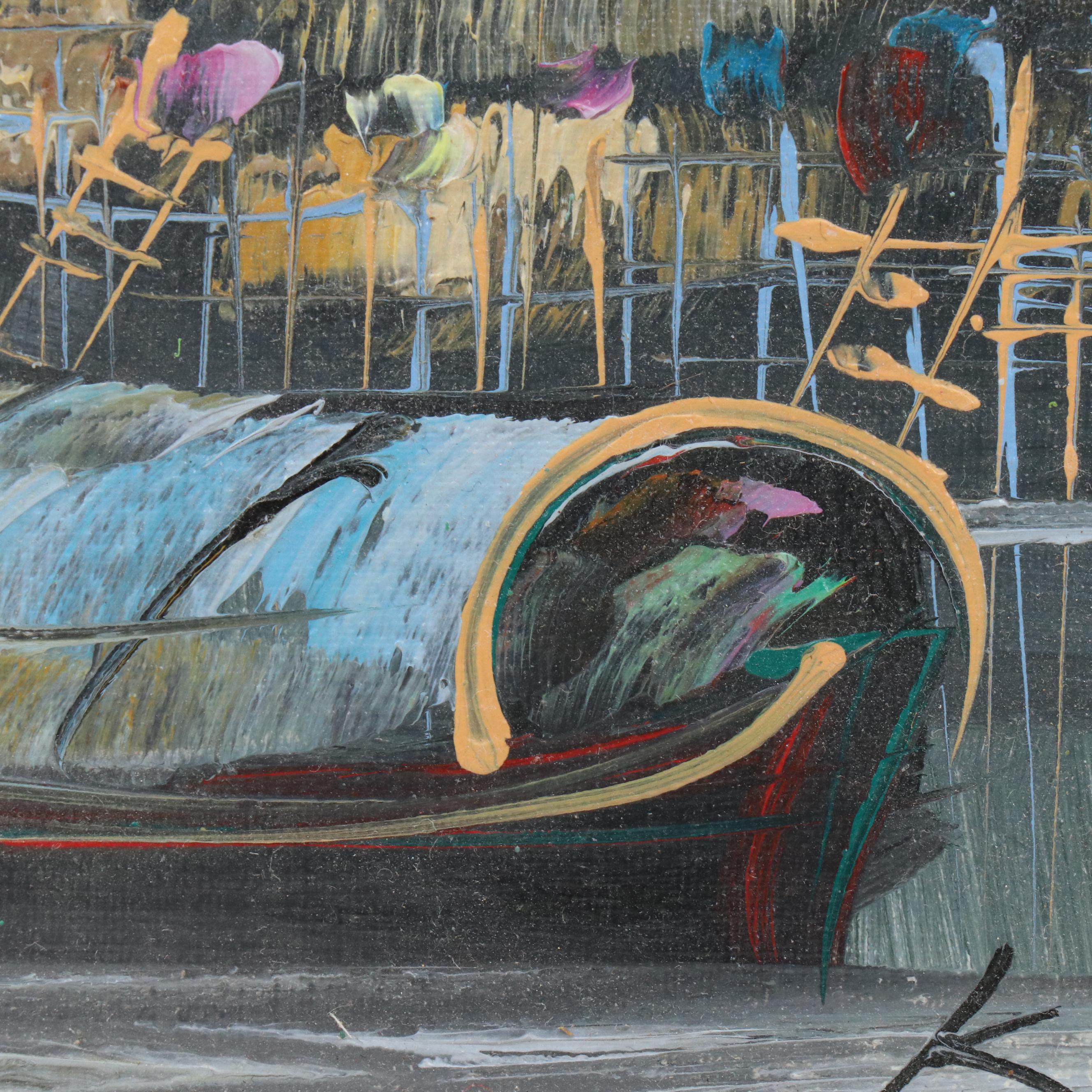 Thai Market Scene Oil Painting, Circa 1970