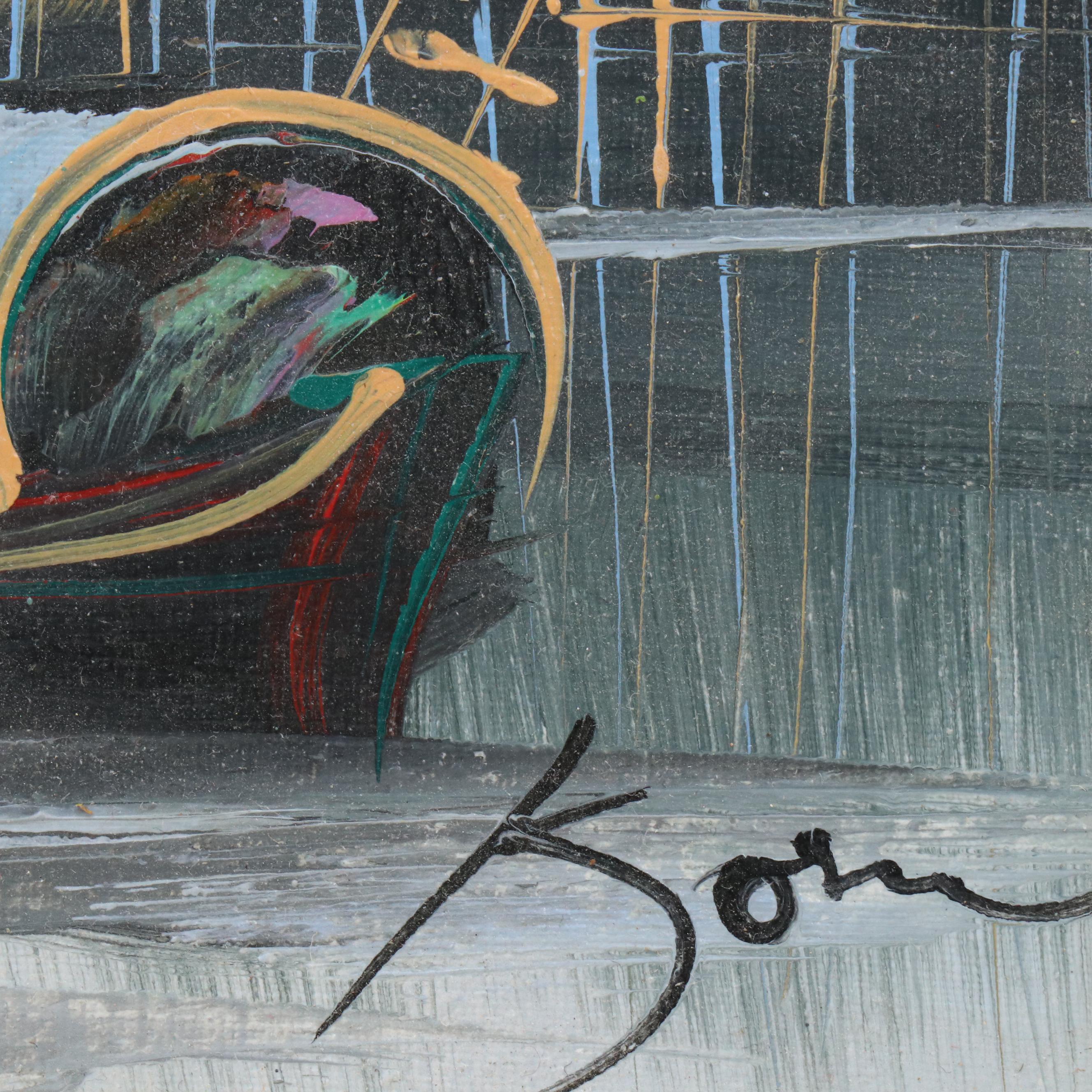 Thai Market Scene Oil Painting, Circa 1970