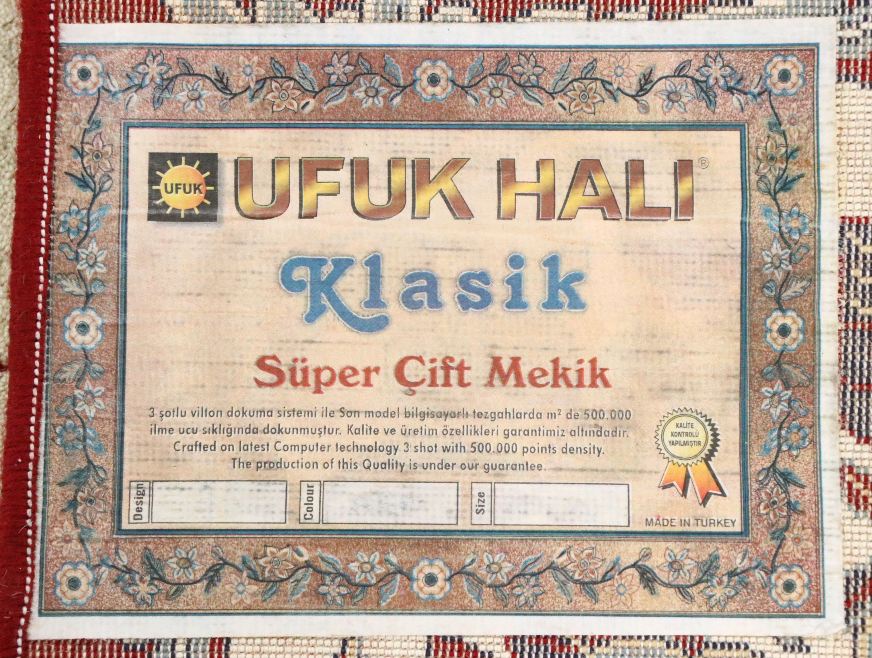6'7 x 9'9 Machine Made Ufuk Hali Klasik "Süper Çift Mekik" Area Rug
