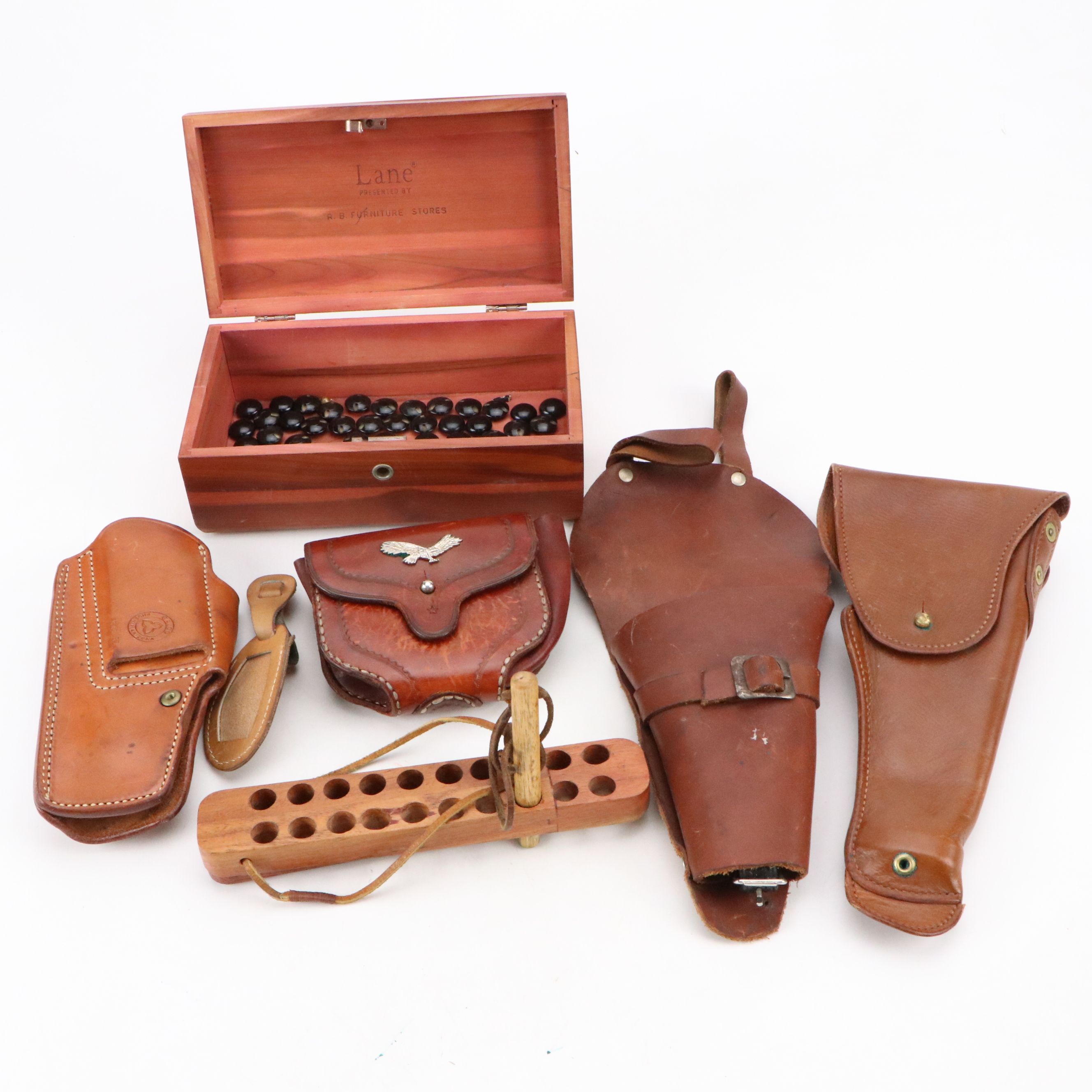 Leather Holsters and Pouch with Lane Cedar Box and Wooden Accessories