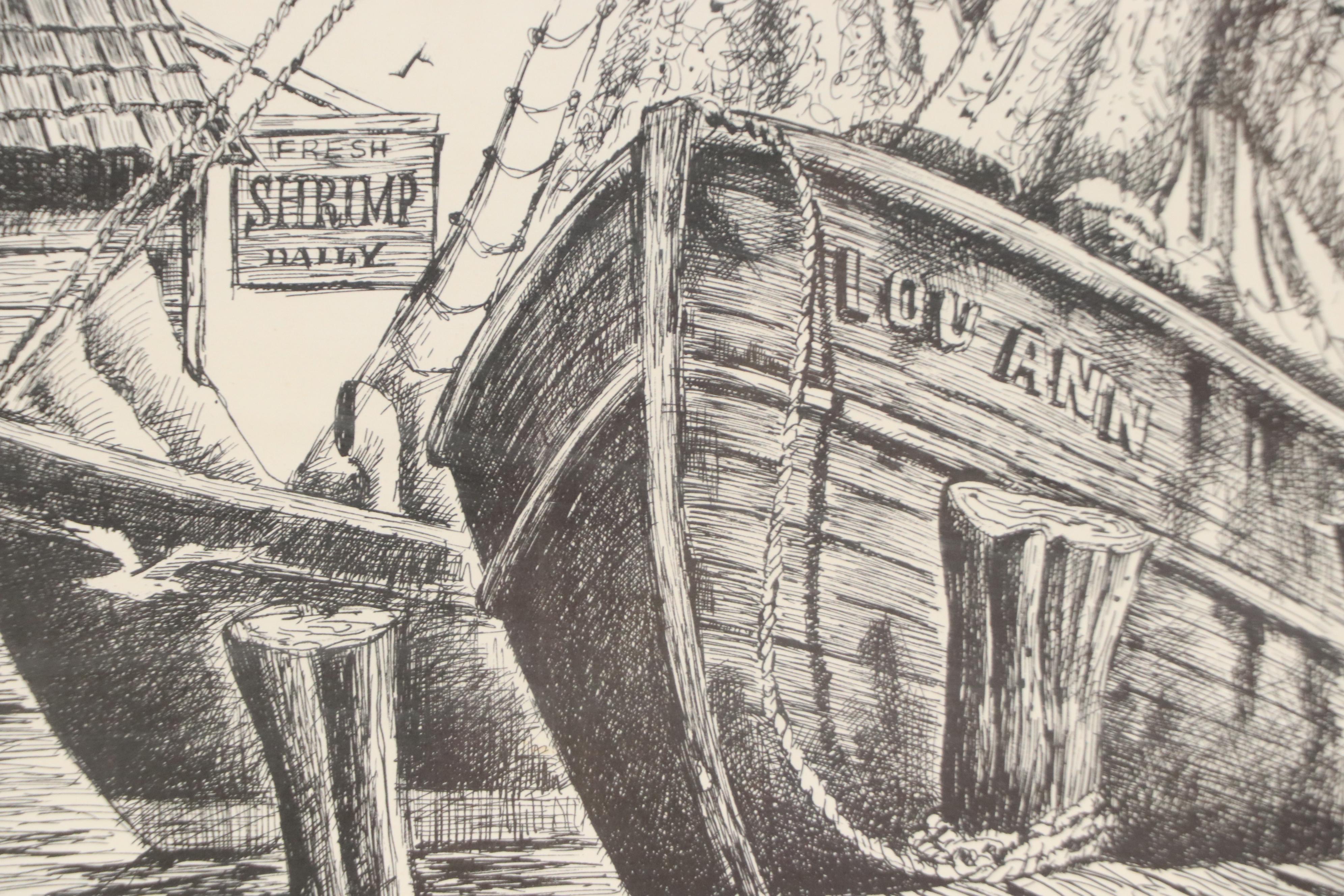 Lithograph After Jack Robertson of Fishing Vessels at Pier