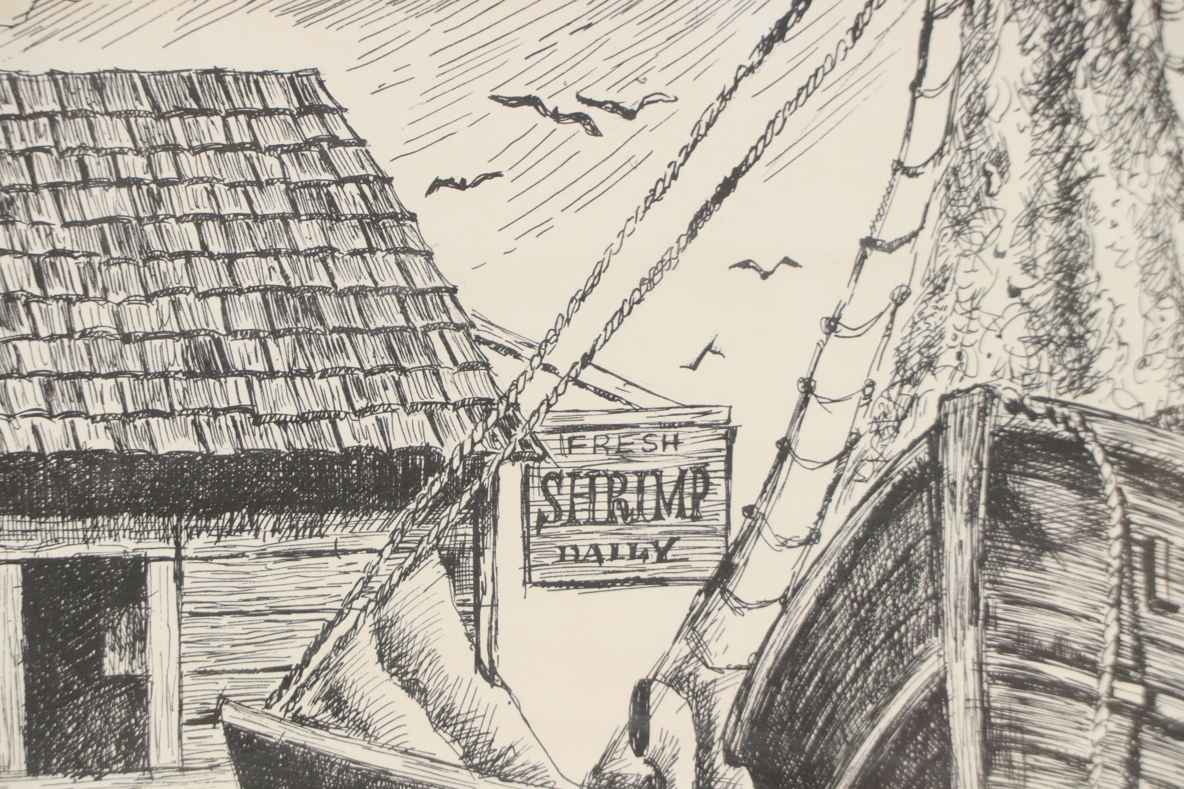 Lithograph After Jack Robertson of Fishing Vessels at Pier