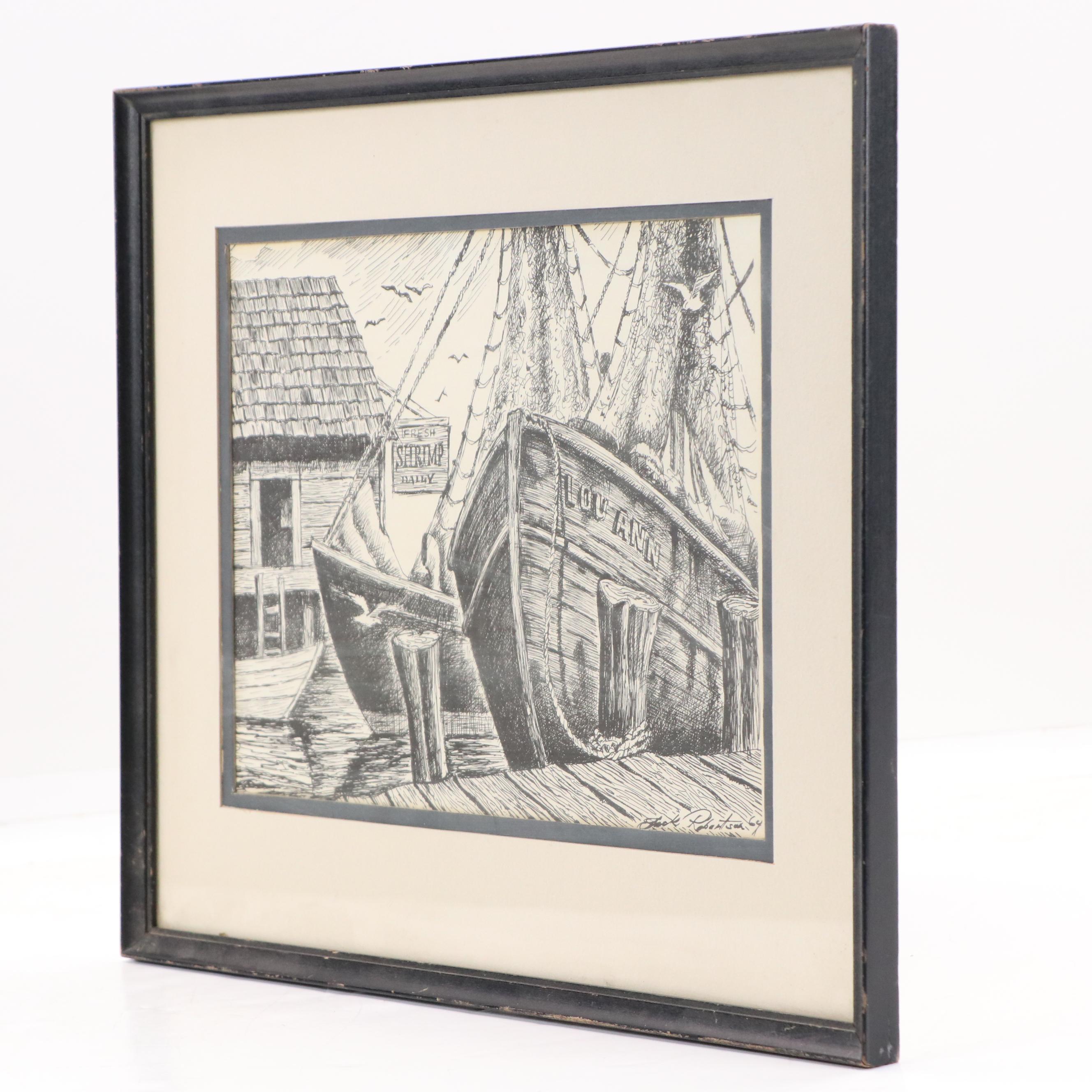 Lithograph After Jack Robertson of Fishing Vessels at Pier