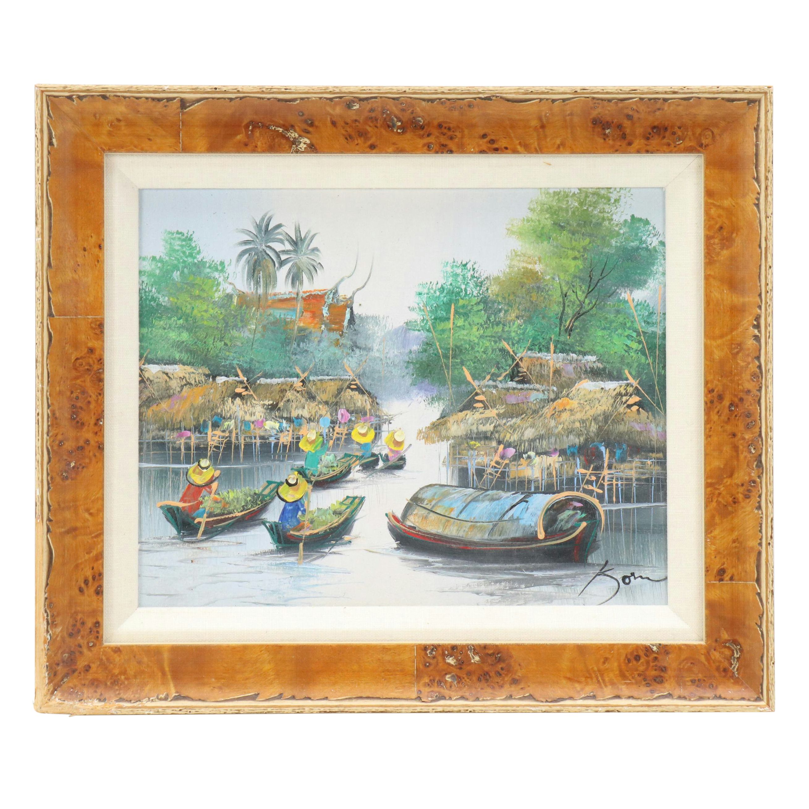 Thai Market Scene Oil Painting, Circa 1970