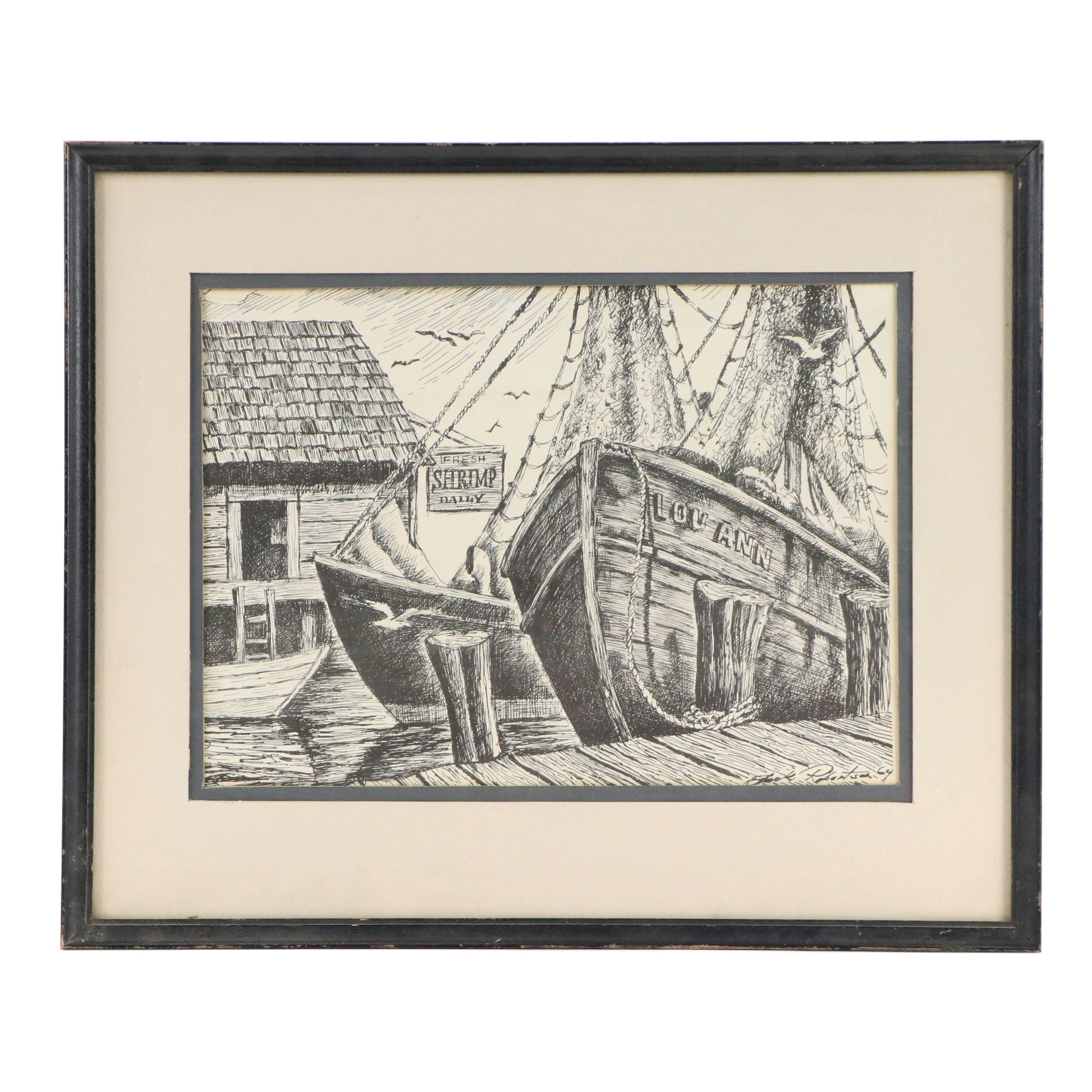 Lithograph After Jack Robertson of Fishing Vessels at Pier