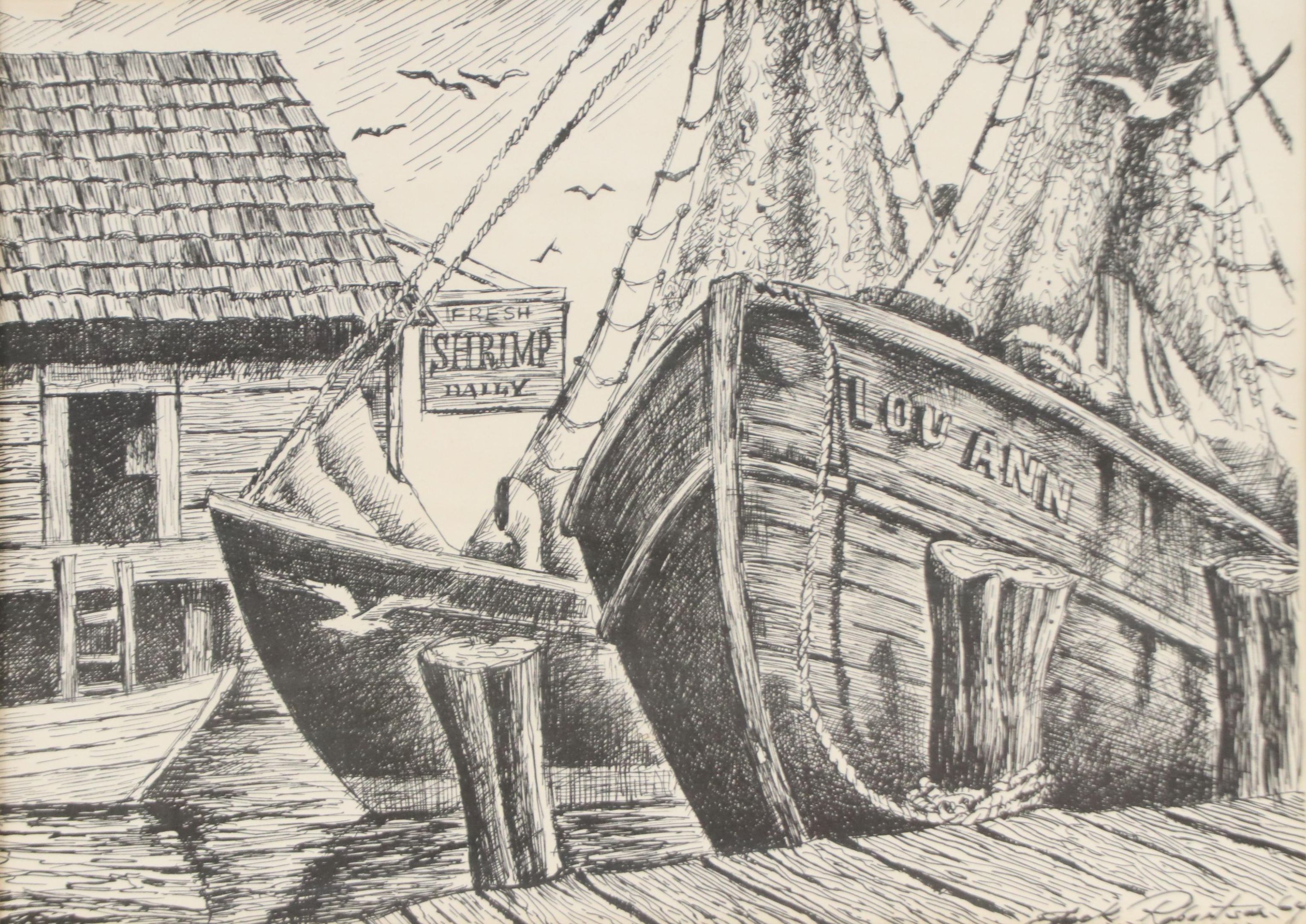 Lithograph After Jack Robertson of Fishing Vessels at Pier