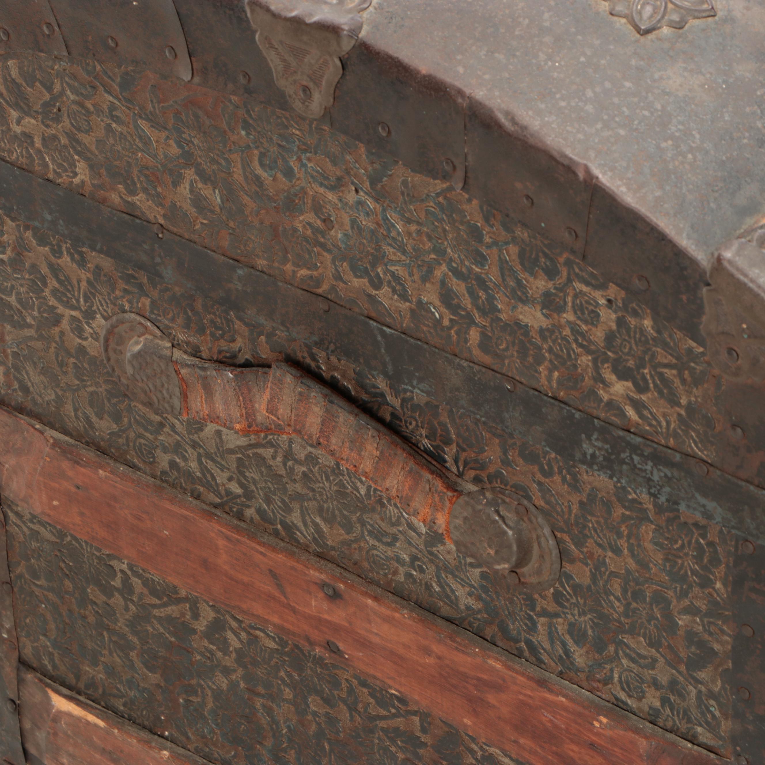 Victorian Wood Bound Embossed Metal Clad Dome Top Trunk