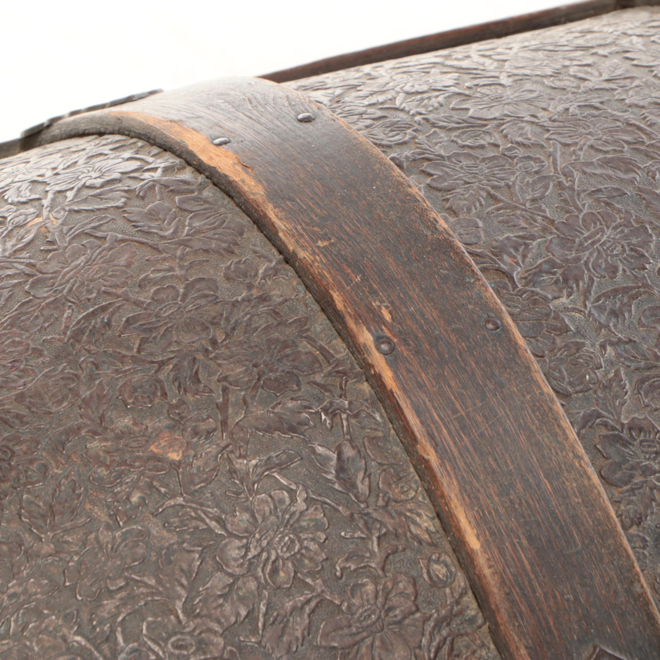Victorian Wood Bound Embossed Metal Clad Dome Top Trunk