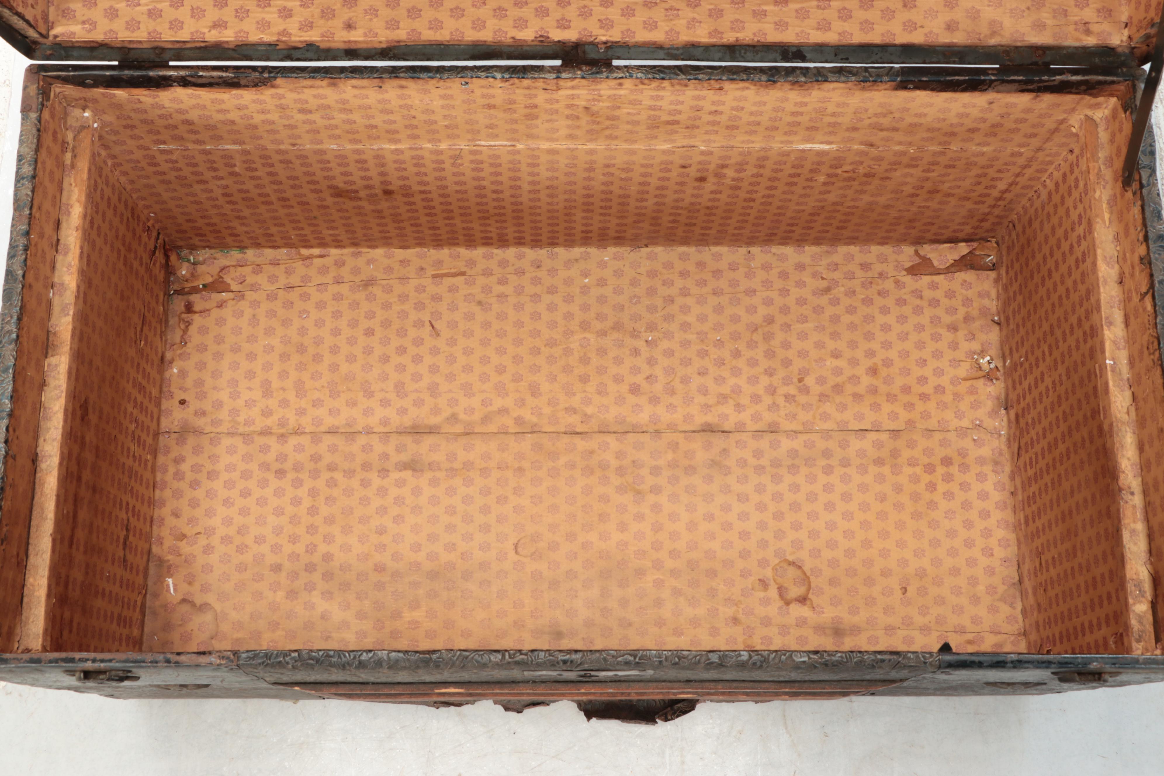 Victorian Wood Bound Embossed Metal Clad Dome Top Trunk