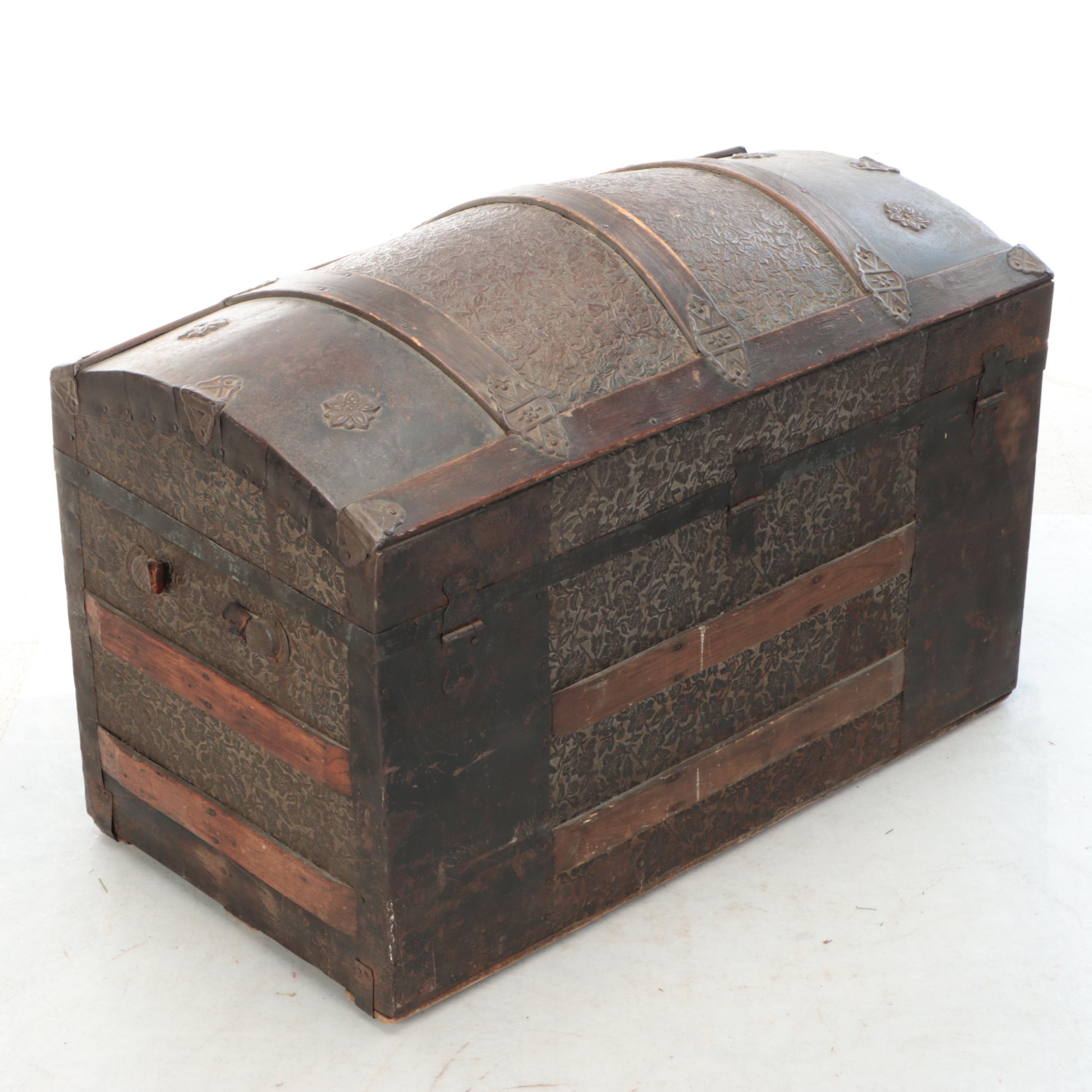 Victorian Wood Bound Embossed Metal Clad Dome Top Trunk