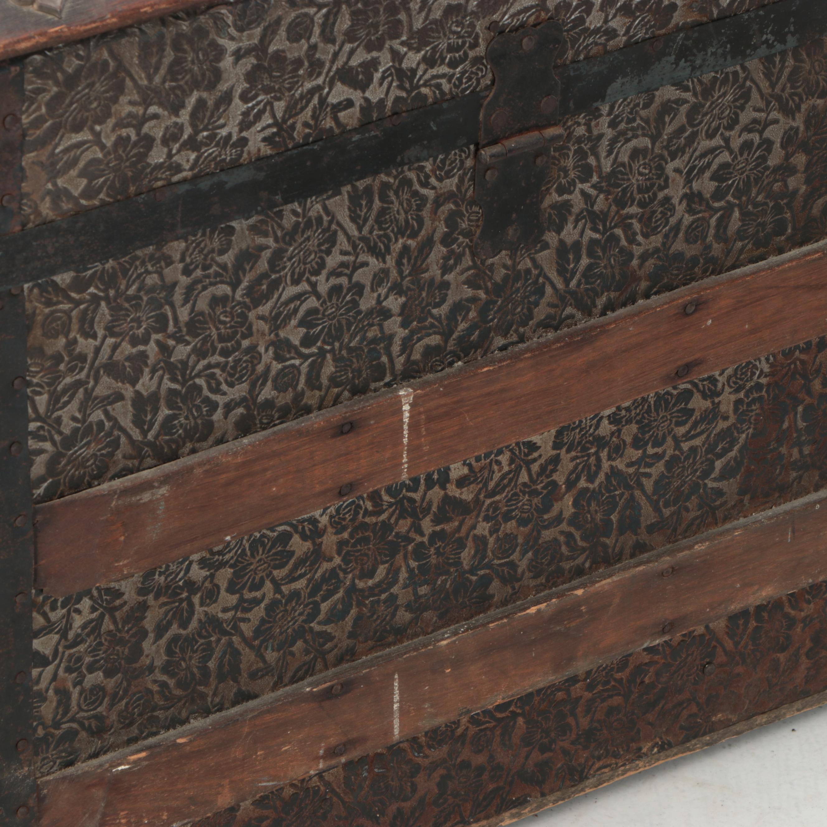 Victorian Wood Bound Embossed Metal Clad Dome Top Trunk