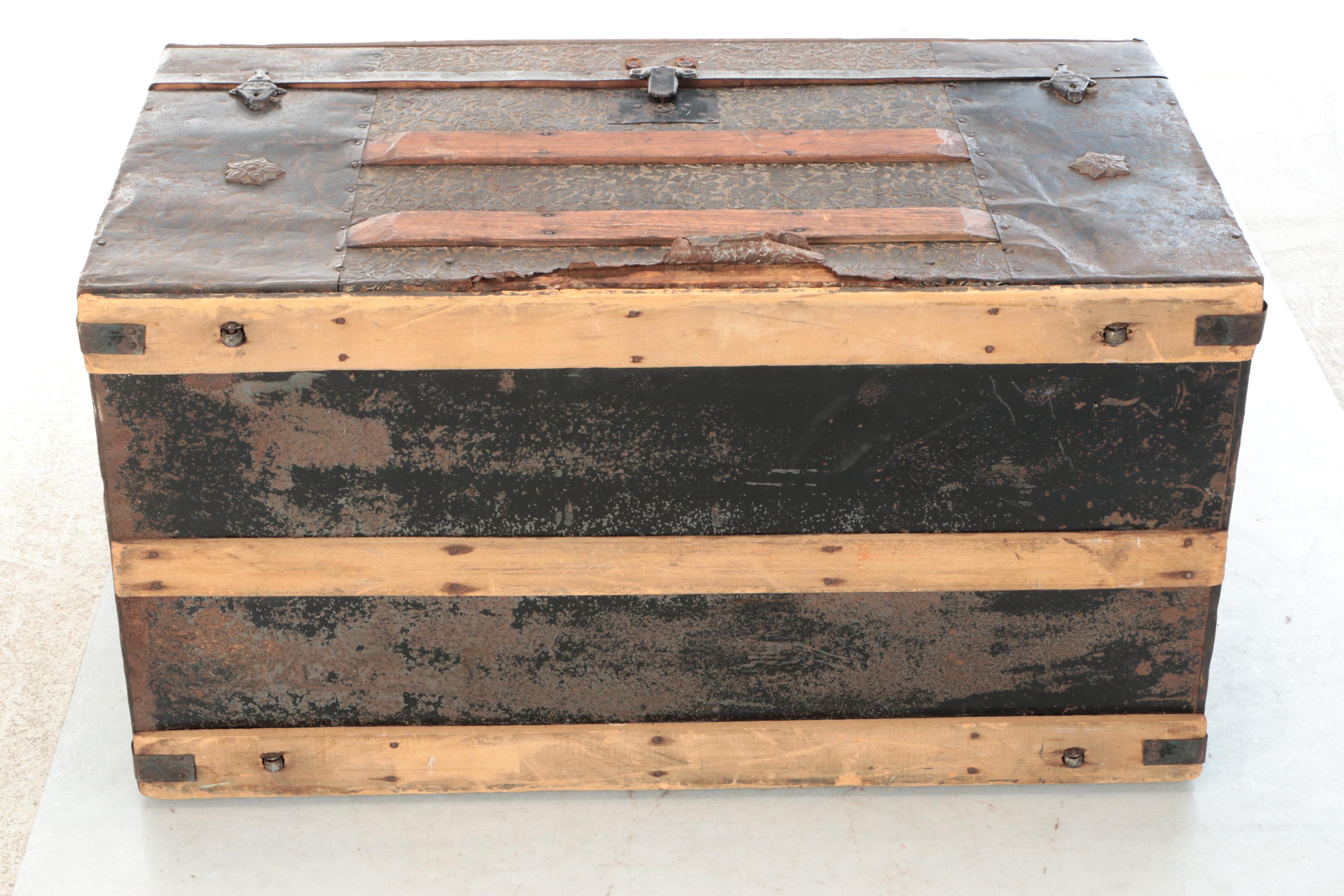 Victorian Wood Bound Embossed Metal Clad Dome Top Trunk