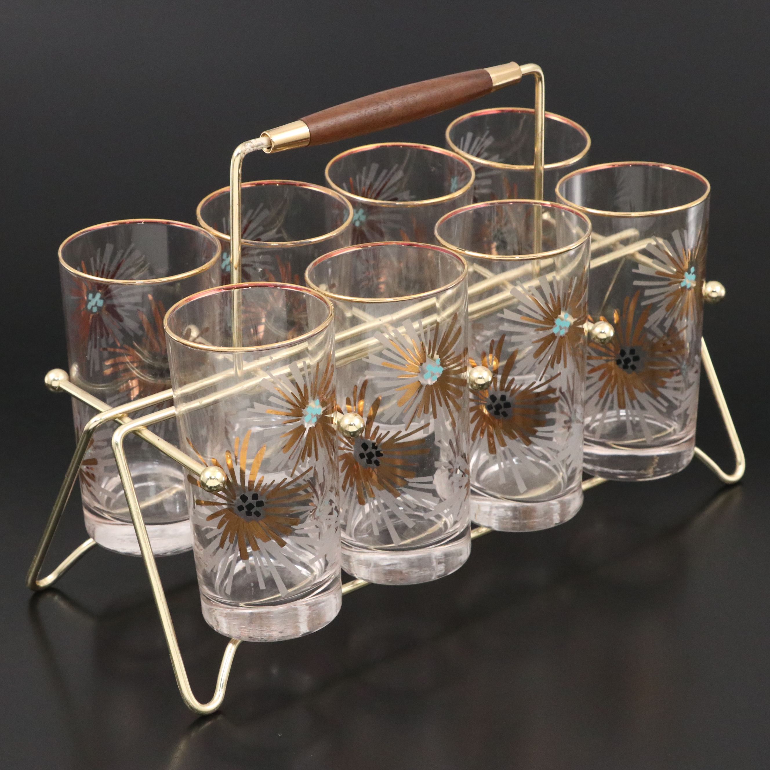 Vintage Libbey Glass "Firecracker" Glassware Set with Caddy, Mid-20th Century