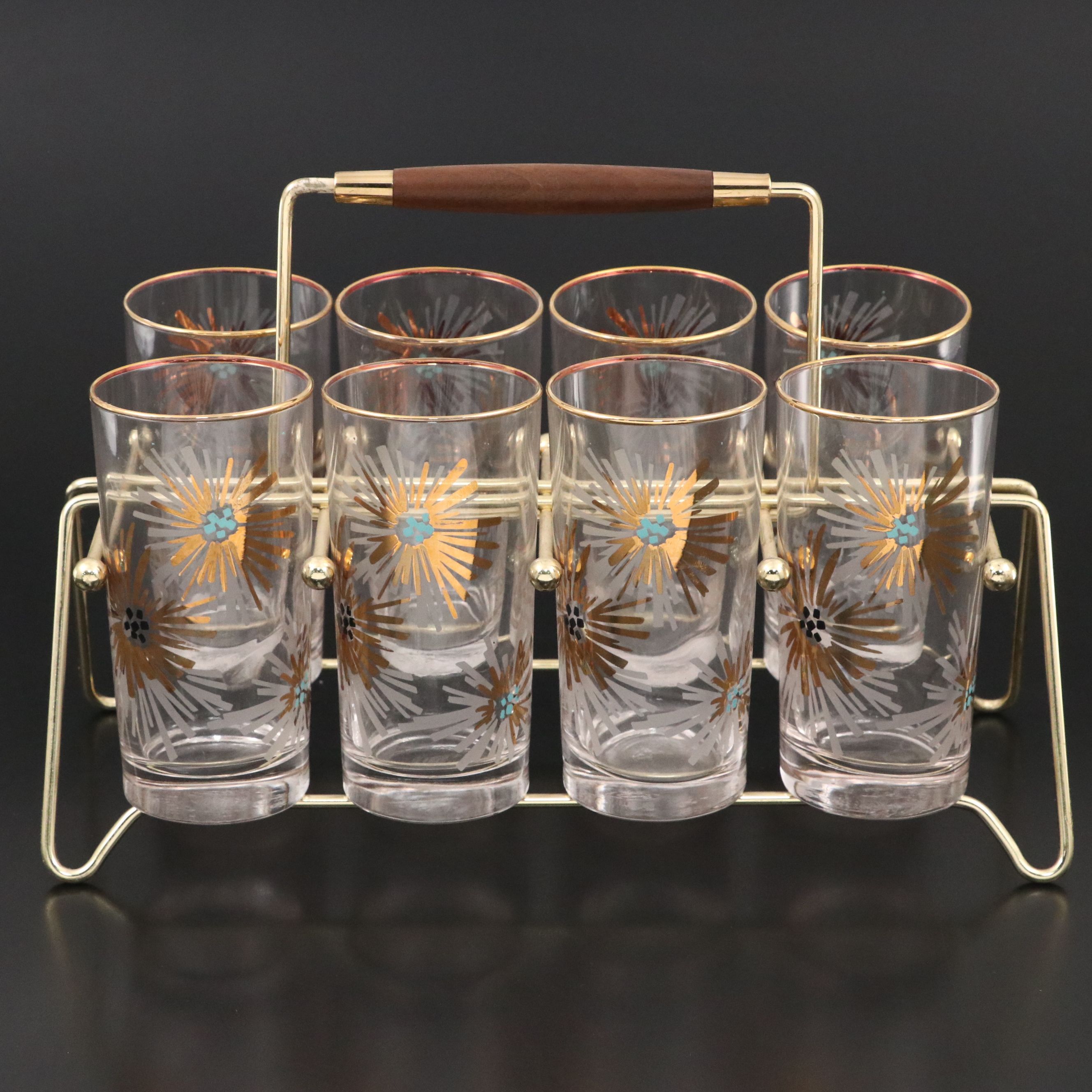 Vintage Libbey Glass "Firecracker" Glassware Set with Caddy, Mid-20th Century