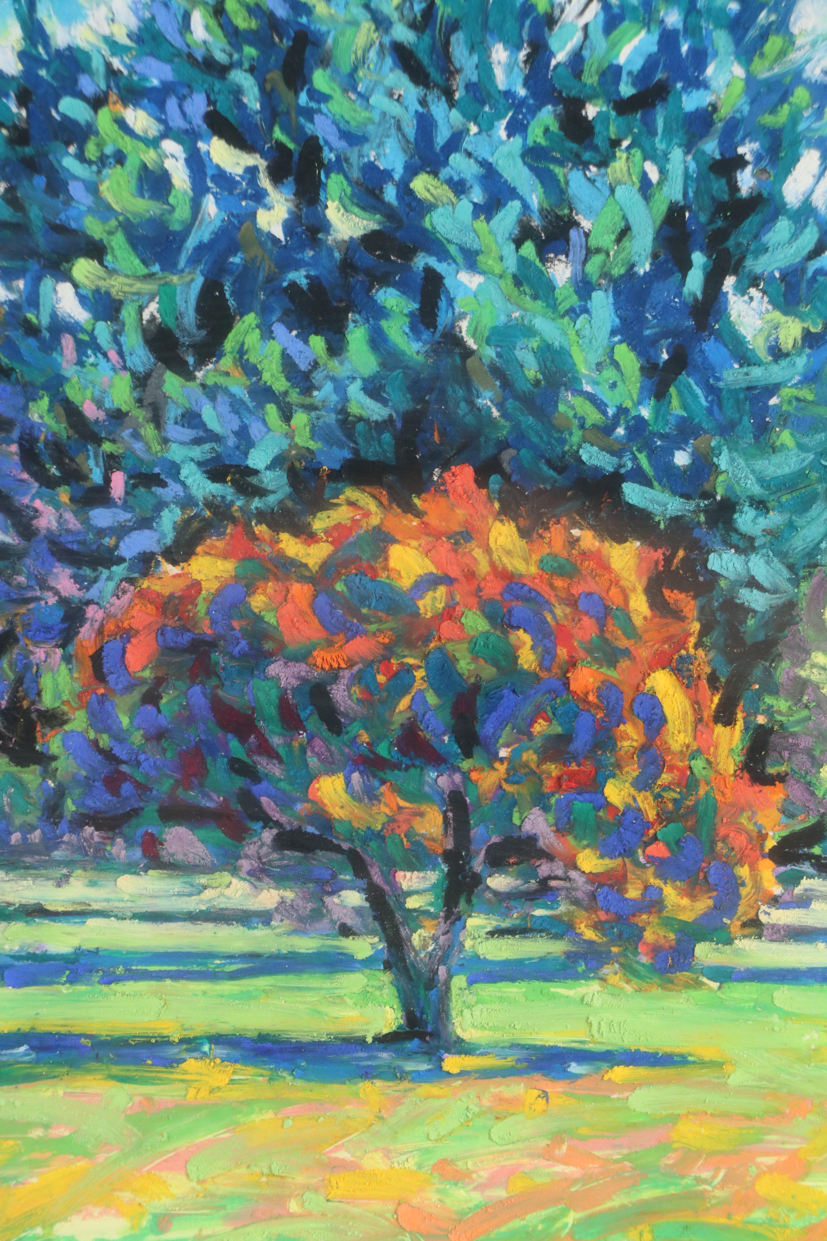 Landscape Oil Pastel Drawing of Trees, Late 20th/21st Century