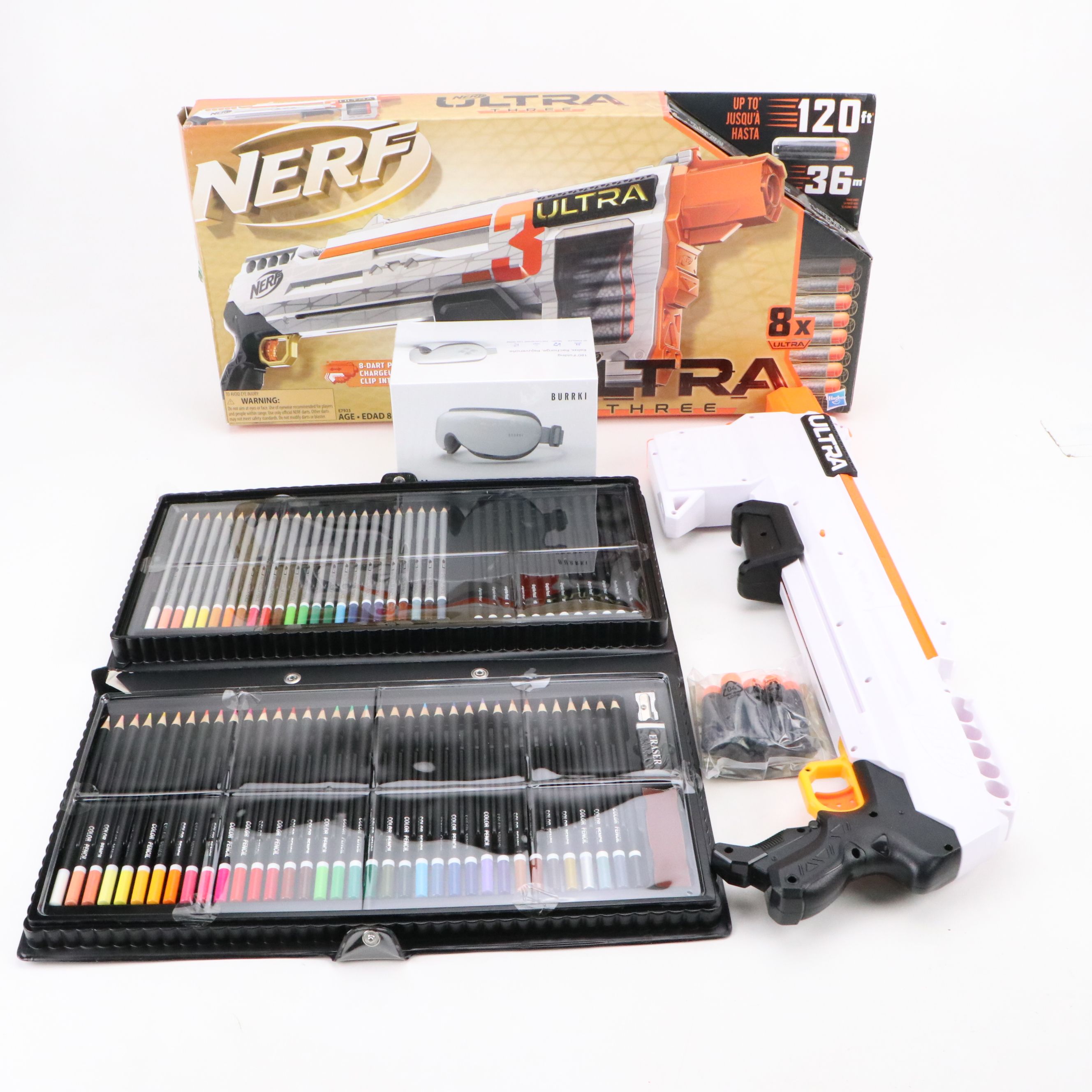 Burrki Eye Massage Mask with Colored Pencil Set and Nerf Ultra Three