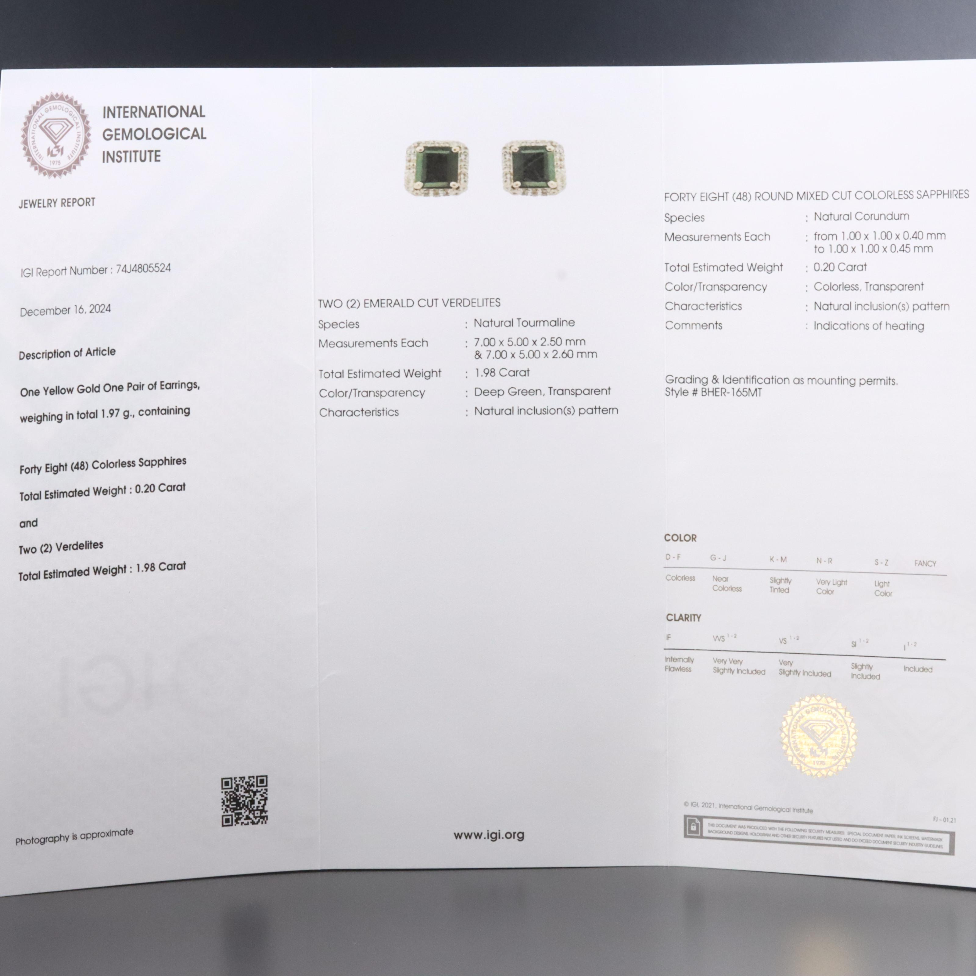 14K Verdelite and White Sapphire Earrings with IGI Jewelry Report